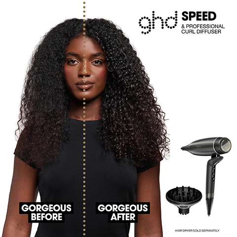 Image 2 - A woman with dark curly hair is shown split vertically by a dotted line, with the left side labeled as before treatment and the right side as after treatment showing more defined curls, alongside a dark hairdryer and diffuser attachment, with the text ghd SPEED & PROFESSIONAL CURL DIFFUSER, GORGEOUS BEFORE, GORGEOUS AFTER, and HAIR DRYER SOLD SEPARATELY. Image 3 - A smiling woman with long dark curly hair and a white blazer holds a black hairdryer with a diffuser attachment, next to the text ENHANCES NATURAL CURLS & WAVES REDUCES FRIZZ. Image 4 - Close-up of a dark, cylindrical connection point between two electronic components with a glowing blue and purple light, featuring a white link icon and the text EXTRA-SECURE CONNECTION. Image 5 - A close-up of a dark grey hair dryer with a translucent diffuser showing a cool blue glow against a black background, with text that reads COOL-TO-TOUCH WITH GHD HALO TECHNOLOGY. Image 6 - A black hair dryer diffuser attached to a dark grey ghd speed hair dryer is positioned amongst dark, curly hair. Below the image, text reads: Cup your curls into the diffuser to get perfect curls without frizz.