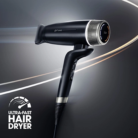 Image 2 - A black ghd speed hair dryer with an illuminated ghd logo on its metallic grill is shown against a dark background with light streaks, featuring a speed dial icon and the text ULTRA-FAST HAIR DRYER. Image 3 - A close-up of a hair dryer nozzle shows a central golden heated air stream surrounded by a cooler blue air stream, with text reading GHD HALO DUAL-AIRFLOW TECHNOLOGY, POWER WITH CONTROL, NO HEAT DAMAGE, COOL-SCALP & COOL-TOUCH, and ghd halo™ dual-airflow technology has two layers, most passes through the centre and is heated, while a smaller outer layer remains cool. Image 4 - A black ghd speed hairdryer with a nozzle is shown styling shiny brown wavy hair, with text on the right promoting POWER with CONTROL, COOL SCALP, up to 56% MORE SHINE, and NO HEAT DAMAGE. Image 5 - A stylist blow-dries a womans long dark hair with a black hairdryer and round brush, while the woman looks at the camera, with visible text reading For ultra-fast blowdries that last all day. Image 6 - A black ghd hair dryer and a black ghd pick me up root lift spray bottle are illuminated by a golden light, with text overlays reading 01 GHD SPEED, 02 GHD PICK ME UP, POWER COUPLE, and the spray bottle labels ghd pick me up root lift spray spray volume & shape 120ml e 4.2 fl.oz.