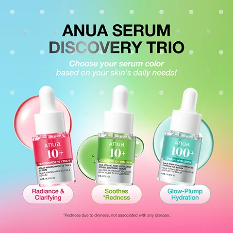 Image 2 - The image displays three Anua serum dropper bottles, red, green, and blue, with the text Anua Serum Discovery Trio, Choose your serum color based on your skins daily needs! The red bottle is Anua 10+ Niacinamide 10+ TXA-4 for Radiance & Clarifying, the green bottle is Anua 10+ Azelaic Acid 10 + Hyaluron Redness Soothing Serum for Soothes *Redness, and the blue bottle is Anua 100+ PDRN + Hyaluron for Glow-Plump Hydration, with a small note *Redness due to dryness, not associated with any disease. Image 3 - The image displays two light blue-green bottles of Anua 100+ PDRN + Hyaluron serum, one small bottle floating above a larger one, with text reading Try Me!, PDRN HYALURONIC ACID CAPSULE 100 SERUM, Hydrating Effect, For Glow Plumping, Glass Skin, Anua 100+, PDRN + HYALURON, ANUA PDRN HYALURONIC ACID CAPSULE 100 SERUM, ANUA PDRN ACIDE HYALURONIQUE CAPSULE 100 SERUM, 10 ML / 0.33 FL. OZ., #PDRN serum, and #deep_hydration. Image 4 - A pink bottle of Anua 10+ serum with a white dropper, featuring a smaller duplicate bottle with an arrow labeled Try Me, and text that reads NIACINAMIDE 10 TXA 4 SERUM Skin Clarifying Effect For Radiant, Glowy skin, Anua 10+ NIACINAMIDE 10 + TXA 4 ANUA NIACINAMIDE 10 TXA 4 SERUM 10 ML / 0.33 FL. OZ., along with hashtags #Niacinamide Serum #Tiktok Viral. Image 5 - The image features two green dropper bottles for skincare, one large and one small with Try Me! beside it, set against a light green background, with visible text reading AZELAIC ACID 10 HYALURON REDNESS SOOTHING SERUM, Soothing Effect, For Sensitive, Irritated Skin, #Azelaic_acid_serum, #Lightweight Texture, and on the large bottles label: Anua 10+ AZELAIC ACID 10 + HYALURON ANUA AZELAIC ACID 10 HYALURON REDNESS SOOTHING SERUM ANUA SÉRUM APAISANT ROUGEURS AZELAIC ACIDE 10 HYALURONIQUE 10 ML / 0.33 FL. OZ. Image 6 - Three small serum bottles in green, red, and blue are arranged on a pink background with white dots, a dropper drips liquid into the red bottle, and visible text reads Discover Anuas Serum Trio, Anua 10+ Azelaic Acid 10 + Hyaluron Redness Soothing Serum, Anua 10+ Niacinamide 10 + TXA 4 Serum, and Anua 100+ Pore + Hyaluron Serum.