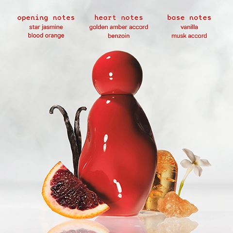 Image 1 - A red, curvy perfume bottle is surrounded by vanilla pods, a blood orange slice, amber pieces, and a jasmine flower, with text overhead listing perfume notes: opening notes star jasmine blood orange, heart notes golden amber accord benzoin, base notes vanilla musk accord. Image 2 - A red perfume bottle with a round cap splashes into a vibrant red liquid, sending tendrils upwards, a bold evolution of the original, best-selling fragrance. with benzoin and heightened vanilla notes, its warmer, richer, and even more addictive. Image 3 - Three vertical panels display different Cosmic by Kylie Jenner perfumes and their descriptions: the left panel shows an amber bottle surrounded by pink petals, the middle panel features a dark bottle with lavender and berries, and the right panel presents a red bottle with vanilla beans and a blood orange slice, with text that reads COSMIC kylie jenner fragrance family: ambery floral about the scent: warm, floral, enveloping key notes: star jasmine golden amber accord vanilla musk accord COSMIC kylie jenner 2.0 fragrance family: floral amber about the scent: fresh, bright, sweet key notes: pear accord lavender essence amber accord COSMIC kylie jenner intense fragrance family: ambery gourmand about the scent: creamy, warm, rich key notes: star jasmine benzoin vanilla. Image 4 - Three stylized perfume bottles stand on a white surface, with the red bottle in the foreground, a light pink bottle to its left, and a white bottle with black spots to its right, with text that reads: layer cosmic intense & customise your own experience layering over the original: adds a new dimension of vanilla to the fragrance. it makes it sweeter, creamier and more gourmand. layering over 2.0: makes the fragrance more creamy and sweet. with notes like benzoin and vanilla, cosmic intense offers an enveloping warmth with milky undertones.