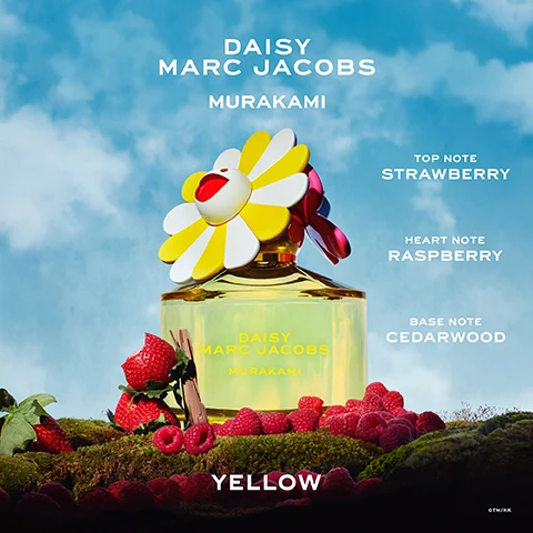 Image 3 - A perfume bottle with a yellow and white flower cap stands on a mossy base with strawberries and raspberries, set against a blue sky, with text Daisy Marc Jacobs Murakami Top Note Strawberry Heart Note Raspberry Base Note Cedarwood Yellow OTM/KK. Image 4 - A perfume bottle with a yellow and white daisy cap and yellow liquid stands in green grass surrounded by smaller colorful daisy flowers with smiling faces, under a blue sky, with text stating 98% OF CUSTOMERS RECOMMEND THIS FRAGRANCE - HOME TESTER CLUB, 4.9 STAR RATING with five stars, DAISY MARC JACOBS MURAKAMI appearing twice, YELLOW, and © TM/KK. Image 5 - Three Daisy Marc Jacobs Murakami perfume bottles in green, yellow, and pink with flower caps sit on green grass under a blue sky, next to text reading DAISY MARC JACOBS MURAKAMI, GREEN BANANA JASMINE VANILLA, YELLOW STRAWBERRY RASPBERRY CEDARWOOD, and PINK COCONUT WHITE PEONY PRALINE. Image 6 - Artists Takashi Murakami and Marc Jacobs, with long decorative nails, smile while holding a perfume bottle labeled Daisy Marc Jacobs Murakami, surrounded by three smiling flower icons and text that reads: ICONIC FLOWERS COME TOGETHER, AS THE PLAYFUL WORK OF TAKASHI MURAKAMI ENTERS THE JOYOUS WORLD OF MARC JACOBS DAISY. A BRIGHT AND EXCITING COLLISION OF ART AND FRAGRANCE. ®TM/KK.