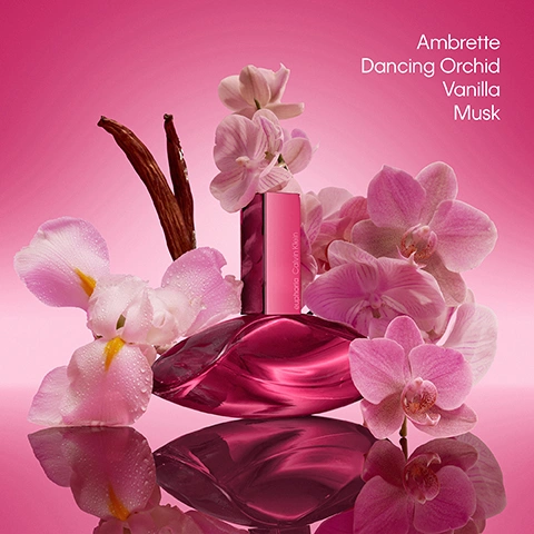 Image 1 - A dark pink, organically shaped perfume bottle is surrounded by light pink orchids with water droplets and two dark brown vanilla beans, all reflected on a glossy pink surface, with the text euphoria Calvin Klein visible on the bottle and Ambrette Dancing Orchid Vanilla Musk in the top right corner. Image 2 - A dark pink, abstractly shaped perfume bottle with a rectangular cap stands on a reflective surface against a pink gradient background, with text reading euphoria magnetic elixir, 98% of customers recommend this fragrance, -Home Tester Club, euphoria Calvin Klein vertically on the bottle, and four full stars and one outlined star indicating 4.7 STAR RATING. Image 3 - Three Calvin Klein Euphoria perfume bottles in pink, purple, and gold are displayed, each with corresponding botanical and fruit elements like orchids, vanilla pods, and mangoes, reflecting their scent profiles, with visible text reading euphoria Calvin Klein magnetic elixir bold elixir solar elixir Musky Vanilla Ambrette Dancing Orchid Vanilla & Musks Oakwood Vanilla Jasmine Smoky Orchid Vanilla & Oakwood Mango Vanilla Mango Golden Orchid Vanilla & Cedarwood. Image 4 - Three Euphoria Calvin Klein perfume bottles, one gold, one purple, and one deep pink, featuring wavy organic shapes and reflections, are displayed against a pink background, with the overlay text ultra-concentration for amplified lasting power.