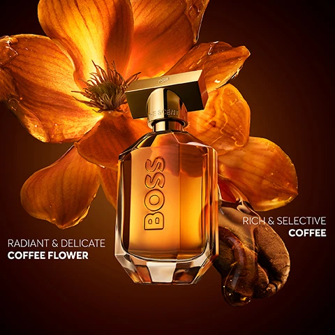 Image 1 - A golden-brown perfume bottle with Boss The Scent on its cap and body is centered against a background of vibrant orange coffee flowers, with text on the left reading Radiant & Delicate Coffee Flower and text on the right next to coffee beans reading Rich & Selective Coffee. Image 2 - A golden-brown faceted perfume bottle with a gold cap and the brand name on the bottle, beside text that reads BOSS THE SCENT THE NEW INTENSE FRAGRANCE 95% of customers recommend this fragrance -Home Tester Club 4.7 STAR RATING with five stars, four of them filled. Image 3 - An image displays five distinct Boss The Scent perfume bottles in varying liquid colors, each labeled and described as: Eau de Parfum Sensual & Fierce, Magnetic Attractive & Exhilarating, Intense Intense & Irresistible, Parfum Rich & Addictive, and Elixir Carnal & Hypnotic, with additional labels Icon and New, all under the main heading BOSS THE SCENT. Image 4 - Two amber-gold perfume bottles, one with a faceted base and gold rectangular cap and the other rectangular with a dark cap, stand against a dark background with an orange flower and abstract brown shapes with dripping liquid, both displaying the text BOSS and THE SCENT. Image 5 - A man and a woman embrace while two amber Boss perfume bottles stand in the foreground, with text reading BOSS THE SCENT FUSE THE SENSES WITH THE NEW INTENSE FRAGRANCES.