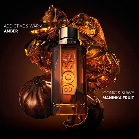 Image 1 - A dark amber fragrance bottle with a gold cap and the word BOSS on it is set against a dark background with swirling amber liquid and a dark, textured fruit, with visible text reading THE SCENT, BOSS, ADDICTIVE & WARM AMBER, and ICONIC & SUAVE MANINKA FRUIT. Image 2 - A dark orange hexagonal Boss The Scent fragrance bottle with a dark metallic cap is displayed against a dark background, alongside text reading BOSS THE SCENT THE NEW INTENSE FRAGRANCE, 98% of customers recommend this fragrance -Home Tester Club, and a 4.8 STAR RATING shown with four full stars and one half star. The word BOSS is embossed vertically on the bottle and THE SCENT is on the cap band. Image 3 - Five different colored BOSS THE SCENT fragrance bottles are displayed with their characteristics and intensity levels visually indicated by filled circles, showing text BOSS THE SCENT, then Eau de Toilette Sensual & Fierce, Magnetic Attractive & Exhilarating, Intense Intense & Irresistible, Parfum Rich & Addictive, Elixir Carnal & Hypnotic, and below some bottles, Icon and New. Image 4 - Two amber and brown perfume bottles, one faceted and one rectangular, are displayed against a dark background with an orange flower and a textured brown element, both bottles feature the text BOSS and THE SCENT. Image 5 - A man and a woman in black clothing embrace while looking at the viewer, with two amber-colored perfume bottles in the foreground, alongside the text BOSS THE SCENT FUSE THE SENSES WITH THE NEW INTENSE FRAGRANCES.