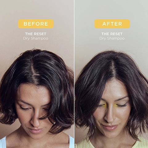 Image 1 - A split image showing a womans hair before and after dry shampoo application, with the left side showing slightly oily roots labeled Before THE RESET Dry Shampoo, and the right side showing refreshed, volumized roots labeled After THE RESET Dry Shampoo. Image 2 - The image displays a hand holding a yellow and gold patterned spray can of dry shampoo, with product usage instructions and tips listed alongside it, all visible text reads: HOW TO USE: Shake well before use. Holding 10cm away, section hair and spray directly into roots. Let sit for 30 seconds then remove by massaging with fingertips or brushing through hair. TOP TIPS: For a lighter refresh, spray onto a brush and pass through hair. Apply before bed to soak up excess oil and sweat. Brush through in morning. On the can, the text reads: THE RESET THE BRIGHTSIDE DRY SHAMPOO SHAMPOOING SEC HEADCA... NET WT. 200mL e 4.0 OZ (116g). Image 3 - A yellow dry shampoo bottle surrounded by lemons, limes, green leaves, white and yellow plumeria flowers, and straw, with text that reads Aromawellness™ technology scientifically proven to uplift, energise & boost positivity, Modified starch absorbs excess oil & sweat, Baobab Oil softens hair & scalp, and on the bottle THE RESET THE BRIGHTSIDE DRY SHAMPOO SHAMPOOING SEC. Image 4 - A hand holds a yellow and abstract-patterned dry shampoo spray can, labeled THE RESET, THE BRIGHTSIDE DRY SHAMPOO, SHAMPOOING SEC, HEADCARE, NET WT. 200mL e, 4.0 OZ (116g), while the surrounding image text highlights MADE WITHOUT: AMMONIA, LACTOSE, LATEX, MINERAL OIL, SILICONE, SULPHATE, GLUTEN, TALC, PARABENS, and features icons for VEGAN, Certified B Corporation, MADE WITH RECYCLED CONTENT, Cruelty Free International, and AWARD WINNING. Image 5 - A close-up of lemons and limes in a string bag with a basil sprig, with visible text that reads SMELLS LIKE: THE BRIGHTSIDE. A fragrance that encapsulates wanderlust and the spirit of adventure. Infused with Aromawellness™ technology, its scientifically proven to help uplift, energise and boost positivity with every spritz. HEAD NOTES LIME BERGAMOT HEART NOTES FRANGIPANI JASMINE GROUND NOTES ANGELICA ROOT CEDARWOOD. Image 6 - Several yellow-capped fragrance bottles, including a tall spray bottle and two square perfume bottles, are artfully arranged with fresh lemons, a lime, and green basil leaves on a light brown background, with visible text that reads LAYER IT UP, Obsessed with The Bright Side?, Explore the fragrance further with our hair & skin Eau de Parfum and experience it across our Cleanse, Create and Treat ranges, Layer the scent for lasting impact, THE RESET THE BRIGHTSIDE DRY SHAMPOO SHAMPOOING SEC, and THE BRIGHTSIDE.
