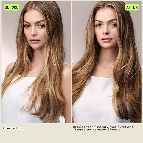 Image 1 - A split image shows a woman with long, blonde-brown hair: the left side depicts her hair appearing less voluminous with the text BEFORE Unwashed hair, and the right side shows her hair looking fuller and shinier with the text AFTER Results with Rosemary Mint Purifying Shampoo and Abundant Blowout. Image 2 - A blonde woman with shoulder-length wavy hair and a black top looks at the camera, with text on a dark green background that reads 24H volume & hold HEAT PROTECTION UP TO 450°F / 232°C ALL-DAY HUMIDITY PROTECTION. Image 3 - The image is an infographic on a dark green background titled KEY INGREDIENTS, featuring three key ingredients with circular images: UPCYCLED RICE PROTEIN shown as white rice grains falling onto a woven surface, with the description Coats and plumps hair fibers to enhance fullness; PULLULAN FERMENT shown as a cloud of white powder, with the description Amplifies volume by creating space between individual hair fibers; and CANE SUGAR shown as sugarcane stalks, with the description Provides structure and lift for lasting volume. Image 4 - A close-up image shows a white citrus blossom with yellow stamens and purple lavender flowers against a dark green background, with the text NOTES OF LAVENDER, PETITGRAIN, AND YLANG-YLANG. Image 5 - A white Aveda Abundant Blowout spray bottle with a black cap sprays a fine mist upwards on a dark background, accompanied by text RESPONSIBLY PACKAGED and 100% post-consumer recycled bottle (excluding pump), with the bottle itself labeled AVEDA ABUNDANT BLOWOUT ALL-OVER VOLUMIZING SPRAY VAPORISATEUR VOLUME.
