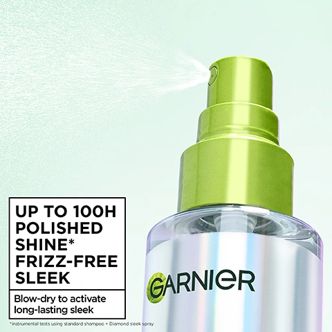 Image 1 - A close-up image of a Garnier clear spray bottle with a lime green cap actively spraying a mist, with visible text that says GARNIER, UP TO 100H POLISHED SHINE* FRIZZ-FREE SLEEK, Blow-dry to activate long-lasting sleek, and *instrumental tests using standard shampoo + Diamond sleek spray. Image 2 - A woman with long dark hair is shown in a before and after comparison, with the left panel showing duller hair and the text BEFORE, and the right panel showing shinier hair with the text AFTER Diamond-like shine. Image 3 - A clear bottle filled with a green, bubbly liquid shows a white text box containing 8% KERATIN SMOOTHING COMPLEX + ARGAN OIL. Image 4 - A smiling woman with long, straight blonde hair holds a bottle of Garnier Fructis Diamond Sleek 100h Anti-Frizz Oil Spray, next to promotional text that reads: LONG-LASTING, FRIZZ-FREE SLEEK* Up to 100h polished shine* +38% light reflection* Up to 5x smoother hair** *Instrumental tests using standard shampoo + Diamond sleek spray **Instrumental test using Diamond sleek spray. Image 5 - A close-up shot of a Garnier Diamond Sleek hairspray bottle with a green nozzle, against a teal background with water droplets, displays the text Garnier Diamond Sleek Shine-Coat Smoothing Spray 100H Polished Shine Frizz-Free Sleek, and in a white box, Shields & Smooths Hair To Reduce Frizz* Coats the fibre for a diamond-like shine *vs a non-conditioning shampoo. Image 6 - A woman with long, dark hair sprays a product onto her scalp, with a white box on the left containing instructions: HOW TO USE STEP 1. Keratin Sleek system: shampoo, conditioner & mask STEP 2. Towel dry & spray Diamond Sleek on damp hair STEP 3. Blow dry by sections & finish with straightener for optimal shiny sleek. Image 7 - A bottle of Garnier Diamond Sleek Shine-Coat Smoothing Spray is shown with Cruelty Free International and Vegan Formula labels, featuring text Garnier, Diamond Sleek, Shine-Coat Smoothing Spray, 100H Polished Shine Frizz-Free Sleek, Use Blow Dryer, Heat Protection up to 230C, Frizzy, Dull Hair, No animal-derived ingredients or by-products.