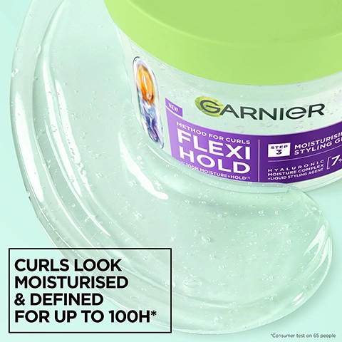 Image 1 - A clear jar of Garnier styling gel with a light green lid is shown with clear gel spread on a light blue-green background, featuring the text Garnier NEW METHOD FOR CURLS FLEXI HOLD 100H MOISTURE + HOLD™ STEP 3 MOISTURISING STYLING GEL HYALURONIC MOISTURE COMPLEX + LIQUID STYLING AGENT 7% and the overlay text CURLS LOOK MOISTURISED & DEFINED FOR UP TO 100H* *Consumer test on 65 people. Image 2 - A smiling woman with voluminous blonde curly hair against a light green background, with text that reads DEFINES CURLS & RESISTS FRIZZ WITH FLEXIBLE HOLD. Image 3 - Close-up of a clear, viscous gel with a wavy texture and air bubbles, featuring text that states NO silicones for a natural feel, NO alcohol*, NO artificial colourants, and *No ethylic alcohol. Image 4 - Three panels display before and after comparisons of dark brown, blonde, and reddish-brown curly hair, showing increased definition and reduced frizz in the after images, next to a text box stating UP TO 100H PILLOW-PROOF & HUMIDITY-PROOF* and *Consumer test on 65 people. Image 5 - A persons hands are styling dark, wet curly hair, with text in a white box that reads: HOW TO USE 1. Apply on damp or dry hair. 2. Shape and style your curls as desired. Do not rinse. Refresh curls with Spray. Image 6 - A clear tub of Garnier Flexi Hold Moisturising Styling Gel with a light green lid displays the text Cruelty Free International, Vegan Formula, No animal-derived ingredients or by-products, Garnier, New, Method for Curls, Flexi Hold, Up to 100H Moisture + Hold*, Step 3, Moisturising Styling Gel, Hyaluronic Moisture Complex, Liquid Styling Agent, 7%, No Silicones, No Sulphates, No Alcohols, No Parabens, No Artificial Colourants, and PETA approved Global Animal Test Policy. Image 7 - The image displays three panels of curly hair textures: light blonde loose curls, dark brown tight curls, and reddish brown medium curls, with text that reads DESIGNED FOR ALL CURL TYPES, INCLUDING TYPE 4 CURLS AND COILS.