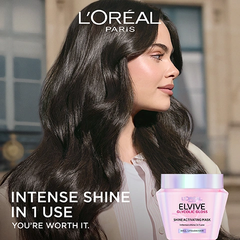 Image 2 - A woman with long, dark, shiny wavy hair looks to the right, with a pink iridescent jar of LOréal Elvive Glycolic Gloss hair mask in the foreground, featuring text LORÉAL PARIS INTENSE SHINE IN 1 USE YOURE WORTH IT. LORÉAL ELVIVE GLYCOLIC GLOSS SHINE ACTIVATING MASK INTENSE SHINE IN 1 USE DULL, LIFELESS HAIR. Image 3 - A pink LOreal Elvive Glycolic Gloss Shine Activating Mask jar is displayed against a pink background with white cream streaks, featuring the text SHINE ACTIVATING MASK, LOREAL PARIS ELVIVE GLYCOLIC GLOSS SHINE ACTIVATING MASK, Intense shine in 1 use, DULL, LIFELESS HAIR, UP TO +41% SHINE, UP TO 10X SMOOTHER HAIR, and NO WEIGHDOWN. Image 4 - A pink hexagonal jar of LOreal Elvive Glycolic Gloss Shine Activating Mask, open to reveal a swirl of white cream, is displayed with the text FORMULATED WITH 13% GLOSS COMPLEX WITH [GLYCOLIC ACID], LOREAL PARIS ELVIVE GLYCOLIC GLOSS SHINE ACTIVATING MASK, Intense shine in 1 use, and DULL, LIFELESS HAIR. Image 5 - An image shows a hand holding a pink tub of LOreal Elvive Glycolic Gloss Shine Activating Mask, with another hand scooping product, next to instructions HOW TO USE: 1 LEAVE ON WET HAIR FOR 3 MINUTES, 2 RINSE OUT, 3 INTENSE SHINE IN 1 USE, and product label text LOREAL ELVIVE GLYCOLIC GLOSS SHINE ACTIVATING MASK Intense shine in 1 use DULL, LIFELESS HAIR. Image 6 - The image features five LOréal Elvive hair masks in red, purple, gold, orange, and pink diamond-shaped jars, accompanied by text that reads NEW, LOW-PLASTIC DIAMOND SHAPED PACK, LORÉAL PARIS ELVIVE COLOUR PROTECT COLOUR LOCK MASK, LORÉAL PARIS ELVIVE HYDRA HYALURONIC MOISTURE LOCK MASK, LORÉAL PARIS ELVIVE EXTRAORDINARY OIL HAIR OILING MASK, LORÉAL PARIS ELVIVE DREAM LENGTHS LENGTHS SAVIOR MASK, LORÉAL PARIS ELVIVE GLYCOLIC GLOSS SHINE ACTIVATING MASK, -128T OF PLASTIC PER YEAR IN EUROPE THANKS TO THE NEW LIGHTWEIGHTED JAR*, and *BASED ON 2024 OF SOLD UNITS IN EUROPE. Image 7 - The image displays three LOréal Elvive hair mask jars in gold, pink, and purple, positioned to the left of bulleted text, with the overall message being ECO DESIGNED JAR OUR PLANET IS WORTH IT, and further details including LOREAL PARIS ELVIVE EXTRAORDINARY OIL HAIR OILING MASK Up to 10x more nourishment Dry Hair, LOREAL PARIS ELVIVE COLOUR PROTECT COLOUR LOCK MASK Vibrance up to 10 weeks Coloured or Highlighted Hair, LOREAL PARIS ELVIVE HYDRA HYALURONIC MOISTURE LOCK MASK Up to 72 hours hydration Dehydrated Hair, and the features -15% LESS PLASTIC*, RECYCLABLE JAR**, MADE OF 70% RECYCLED PLASTIC***, with footnotes *VERSUS PREVIOUS 300ML JAR., **IF PUT IN THE SORTING BIN, and ***EXCLUDING DYES, ADDITIVES AND LABELS.