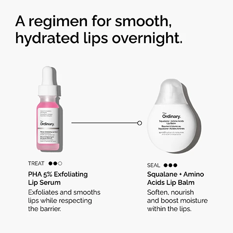 Image 2 - The image shows a pink dropper bottle of lip serum and a white lip balm squeeze tube, connected by a line on a white background, with the visible text A regimen for smooth, hydrated lips overnight. The Ordinary. PHA 5% Exfoliating Lip Serum TREAT PHA 5% Exfoliating Lip Serum Exfoliates and smooths lips while respecting the barrier. The Ordinary. Squalane + Amino Acids Lip Balm SEAL Squalane + Amino Acids Lip Balm Soften, nourish and boost moisture within the lips. Image 4 - The image displays a before-and-after comparison of lips, with the top section showing visibly chapped and flaky lips and the bottom section showing smoother, more hydrated lips after use of the product, with the accompanying text PHA 5% Exfoliating Lip Serum, Before, After, and *Clinical testing on 22 people, using the product 3x/week for 2 weeks. Image 5 - The image displays a white background with a large pink liquid texture and bubbles on the right, listing key ingredients in PHA 5% Exfoliating Lip Serum: Gluconolactone (PHA) which Gently Exfoliates and Hydrates for Smoother Lips, and Glycerin & Ectoin which Restore Moisture and Support the Skin Barrier. Image 6 - A swatch of white, creamy lip balm is shown on a white background with text reading Key ingredients in Squalane + Amino Acids Lip Balm: Squalane Skin-similar moisturizing agent to enhance hydration. Amino Acids Hydrate and reinforce the skin barrier. Image 7 - A close-up of a person with dark skin applying a product to their glossy lips, with their tongue visible, next to three bubbles that read Hydrating, Softening, and Barrier Support.