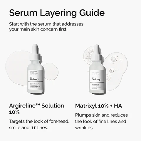 Image 2 - A guide displays two bottles of The Ordinary serums, Argireline Solution 10% and Matrixyl 10% + HA, with visible text reading Serum Layering Guide, Start with the serum that addresses your main skin concern first, Argireline™ Solution 10% Targets the look of forehead, smile and 11 lines, Matrixyl 10% + HA Plumps skin and reduces the look of fine lines and wrinkles. Image 3 - A close-up of a clear liquid with bubbles in a round glass container on a white background, with text that reads Argireline™ Solution 10%, Targets Early Signs of Aging, Reduces the Look of Forehead Lines, and Reduces the Look of Smile Lines. Image 4 - A petri dish containing a clear liquid with various sized bubbles is displayed next to text that reads: Key ingredient in Argireline™ Solution 10%: Argireline™ Acetyl hexapeptide-8 helps relax the appearance of wrinkles. Image 5 - A clear serum drips from a glass dropper, with overlay text reading Matrixyl 10% + HA, Targets Fine Lines and Wrinkles, Promotes Firmer-Looking Skin, Promotes Plumper-Looking Skin. Image 6 - A close-up of a clear liquid being dispensed from a dropper with visible air bubbles, alongside text that reads Key ingredients in Matrixyl 10% + HA: Matrixyl™ 3000 and Matrixyl™ synthe6™ Reduces the appearance of wrinkles. Hyaluronic Acid Supports skin hydration.