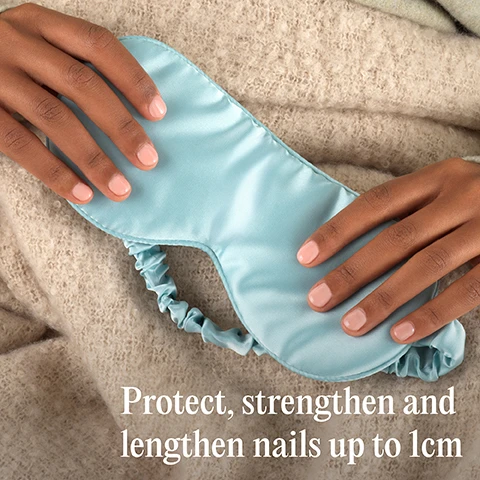 Image 1 - Two hands with light pink nail polish hold a blue satin eye mask on a beige fuzzy background. Protect, strengthen and lengthen nails up to 1cm. Image 2 - A white Mylee gel polish bottle with a pink-tipped cap rests on a fluffy beige blanket next to a lit green candle on a wooden tray, with text reading Mylee SUPER PIGMENT BUILDER GEL POLISH and overlaid text Breakage-free nails for up to 4 weeks. Image 3 - Five swatches of nail gel in shades of peach, light pink, vibrant pink, light brown, and dark brown are shown with highlights, connected by lines to text that reads: NO DRIPS OR MESS, INFILL WITHOUT FULL REMOVAL, HIGH-VISCOSITY FORMULA, EASY TO WORK WITH SELF-LEVELLING FORMULA THAT IS BOTH BEGINNER AND PRO-FRIENDLY, OPAQUE FINISH, CURES IN 99 SECONDS ON LOW HEAT MODE IN THE MYLEE GRANDE LED LAMP. Image 4 - Five white Mylee Super Pigment Builder Gel Polish bottles with caps showing shades of pink, coral, and nude are arranged in a row above three circular icons: a rabbit with text Cruelty-Free, a leaf with text Vegan, and sparkling stars with text Professional Results.