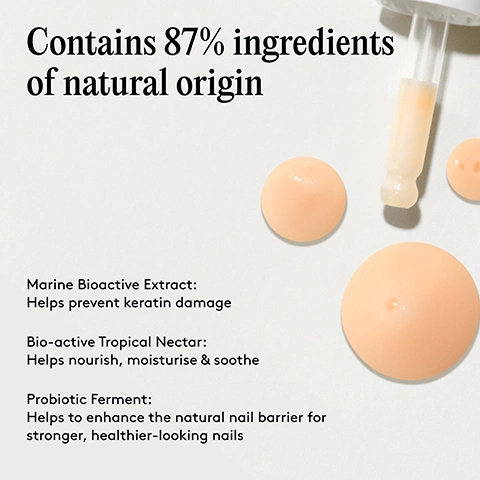 Image 10 - The image displays a four-step guide for applying nail serum with line art illustrations: a dropper on a nail, massaging a nail, a nail with sleep symbols, and a calendar with a shiny nail, alongside the text: Step-by-step 01 CLEAN & PREP Start with clean, bare nails - no polish, no residue. Before bed, apply one drop of the Mylee Barrier Boost Nail Serum to each nail. 02 MASSAGE IN Using your fingertips, massage the serum in using small circular motions, working it into the nail and surrounding cuticle to help boost absorption and hydration. 03 LET IT ABSORB Let it absorb fully overnight so it can strengthen, soften and restore your nails while you sleep. 04 REPEAT & TREAT TOES TOO For best results, use daily for 14 days, then continue as part of your regular nail-care routine to maintain strong, glossy nails. Dont forget your toes - they tend to be dryer, harder and more brittle, so give them the same attention by massaging in a drop before bed. Image 11 - The image displays a three-panel comparison of Mylee nail treatments. Panel one, Barrier Boost, shows an orange bottle labeled mylee BARRIER BOOST NAIL SERUM with marine bio-active extract and text: Hydrates, strengthens & smooths, For dry, brittle & hard nails, Daily application for 14 days. Panel two, Double Bond, shows a green bottle labeled mylee DOUBLE BOND NAIL TREATMENT with biotin and text: Hardens, strengthens & restores weak keratin bonds, For bendy, soft & weak nails, Daily application for 14 days. Panel three, Bond & Beyond, shows two green bottles labeled mylee DOUBLE BOND NAIL TREATMENT with biotin and mylee BUILD UP NAIL SHIELD with buckwheat extract and text: Hardens, strengthens & restores weak keratin bonds, For bendy, soft & weak nails, Plus conceals imperfections with a sheer, nude finish, Daily application for 14 days. Image 4 - A dropper dispenses three light orange liquid drops onto a white background, with text that reads: Contains 87% ingredients of natural origin, Marine Bioactive Extract: Helps prevent keratin damage, Bio-active Tropical Nectar: Helps nourish, moisturise & soothe, Probiotic Ferment: Helps to enhance the natural nail barrier for stronger, healthier-looking nails. Image 5 - A hand holds a Mylee Barrier Boost Nail Serum bottle with text Mylee Barrier Boost Nail Serum with Marine Bioprotective Extract over another hand, alongside product benefit claims: In just 2 weeks: 90% said their nails felt stronger*, 90% said their nails looked smoother, healthier and less rigid*; IMMEDIATELY AFTER 1 USE 80% said their nails and cuticles appeared moisturised, hydrated and less dry*; *test conducted on a panel of up to 20 participants. Image 6 - A close-up of two hands with fingers pinching together, demonstrating skin flexibility, with text that reads Helps hydrate, strengthen and improve flexibility. Image 7 - A side-by-side comparison of two nails, showing a ridged and slightly yellow nail on the left labeled Before, and a smooth, clear nail with a defined white tip on the right labeled After, with the text For dry, brittle & hard nails (including toes!). Image 8 - A hand applies light nail polish to a finger, next to icons with the text CRUELTY-FREE, VEGAN, and MADE IN FRANCE. Image 9 - A dropper applies a clear gel to a natural fingernail, surrounded by text highlighting product features: 87% Ingredients of natural origin, Water-based gel formula, Non greasy, Plum fragrance, Suitable for nails and cuticles, Suitable for everyday use.