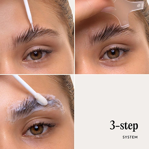 Image 1 - A collage shows a persons eyebrow being groomed with an applicator brush, a shaping stencil, and a cotton swab applying a cream, with text that reads 3-step SYSTEM. Image 2 - A split image showing a before and after comparison of a persons eyes and eyebrows, with the top showing natural, thinner brows and the bottom displaying fuller, brushed-up brows, labeled BEFORE and AFTER respectively. Image 3 - A womans face is split vertically, showing her left side with natural eyebrows and her right side with fuller, brushed-up eyebrows, with the words BEFORE and AFTER labeling the respective sides. Image 4 - A close-up of a persons eye and eyebrow, with a brush applying product to style the brow upwards, displaying the text Fuller brows in minutes. Image 5 - A persons hand holds a clear eyebrow stencil over their right eyebrow, with text reading EACH APPLICATION Lasts up to 4 weeks. Image 6 - Close-up of a young woman with clear skin and brushed-up eyebrows smiling subtly, with icons and text to the right listing product features: Cruelty-free, Vegan, High-shine Formula, Conditioning treatment. Image 7 - The image presents a 7-step brow lamination tutorial, with illustrations depicting an eye and eyebrow being cleansed, glued, treated with lifting lotion, cleaned, treated with fixing lotion, cleaned again, and conditioned, followed by the complete instructions: Step by step 01 CLEANSE Start by using the oil-free cleanser to remove any oils and dirt from your brows. This ensures better product adhesion and longer-lasting results. Allow your brows to air dry completely before moving on. 02 GLUE Apply Brow Glue generously to hold your brows in place. Grab the Y tool or spoolie and shape your brows into your desired style. The glue dries quickly, so work in small sections and shape as you go. Allow it to dry fully before proceeding. 03 LIFTING LOTION Use a fresh applicator to evenly coat your brows with the lifting lotion. Leave it on for 10-12 minutes, depending on how thick your brow hairs are. 04 REMOVE Gently wipe off the lifting lotion with a dry cotton pad or swab, being careful not to disturb the glue. 05 FIXING LOTION Apply the fixing lotion with a new applicator, and allow it to set for 10-12 minutes, adjusting for hair thickness. 06 REMOVE Use a wet cotton pad to remove the fixing lotion and any remaining glue. 07 CONDITIONING TREATMENT Finish up by applying the conditioning treatment with a clean applicator. This step will nourish and strengthen your brows, leaving them healthy and shiny. Not included Image 8 - The image features several pink Mylee sachets for brow treatments, including Brow Wow Lifting Lotion (step 2), Brow Wow Fixing Lotion (step 3), and partially visible Brow Conditioning Treatment, each marked 1ml e 0.03 US FL.OZ, with the text 3 applications per pack at the bottom left. Image 9 - A Mylee brow lamination kit is shown on a light background, featuring a clear bottle with a silver cap, two white spoolie brushes, three white pointed applicators, a white Y-comb, and five pink sachets; visible text includes a bulleted list of benefits: Fuller-looking brows that stay in place, Feathery, lifted shape that lasts, No need for daily brow gels or pencils, Salon-style results, minus the cost, Nourishes while it works, and product labels: mylee 1 BROW WOW GLUE 5ml e 0.17 US FL.OZ, mylee 2 BROW WOW LIFTING LOTION 5ml e 0.17 US FL.OZ, mylee 3 BROW WOW FIXING LOTION 5ml e 0.17 US FL.OZ, and mylee 4 BROW WOW CONDITIONING TREATMENT 5ml e 0.17 US FL.OZ, along with additional mylee BROW WOW LIFTING LOTION sachets.