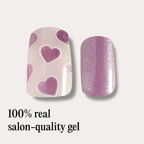 Image 2 - Two artificial nails are displayed, one with a translucent pink base and glittery purple hearts, and the other a solid glittery purple, with text reading 100% real salon-quality gel. Image 3 - A hand holds several sheets of pink and glitter nail polish strips, some with heart patterns, while the nails on the hand are painted with similar pink glitter polish, and text reads No UV/LED lamp REQUIRED. Image 4 - A strip of glittery purple nail polish wraps with one partially peeled to show a pink polka dot adhesive layer, next to a bulleted list of features: Easiest and gentlest mani in the world, Last up to 14 days, Fast & gentle 1-min removal, Fully-cured - No LED Lamp required, Comes in 10 sizes, Long-lasting shine and chip-resistant, Hema-free, vegan and cruelty-free, Pre-cut and ready to go! Image 5 - A hand with pink stiletto nails, some glittery and some with white heart patterns, wearing a cream sweater, with text that reads Lasts up to 14 days. Image 6 - A hand displays artificial nails; the thumb has a plain purple pointed nail, the index and ring fingers have pink almond-shaped nails with white heart outlines, and the middle and pinky fingers have glittery purple almond-shaped nails, with the text 1 minute removal NO DAMAGE. Image 7 - A hand with purple and heart-patterned nails holds a white coffee cup with a red lipstick mark, next to icons and text that say Cruelty-free, Vegan, and HEMA-free. Image 8 - A set of nail tools including 20 pink glitter and heart-patterned nail wraps with listed dimensions from 8.6mm to 16.5mm lengths and 27.5mm width, a red nail file branded mylee 240 measuring 8.5cm, and a wooden cuticle pusher measuring 7.5cm, with additional text stating Includes: NAIL FILE & CUTICLE PUSHER. Image 9 - A visual four-step guide titled Step by step showing illustrations of a fingernail at each stage of application and removal, with instructions: 01 PREP Use a Mylee Wooden Cuticle Stick to gently push back your cuticles and buff the shine off your nail plates with a Mylee 240-grit nail file. Cleanse each nail using a Mylee Lint-Free Wipe* soaked in Mylee Prep & Wipe* to remove any oils – this helps the wraps adhere better and last longer. If you dont have these products, washing your hands is a good alternative. If your nails are naturally oily, apply Mylee Nail Dehydrator* as an extra step after cleansing. 02 STICK & WRAP Choose your favourite design and select the right width wrap for each nail - if youre between sizes, go slightly smaller. Peel the wrap from the sheet, touching only the end that wont go on the nail. Apply the wrap as close to the cuticle as possible without touching the skin. Press the wrap firmly from the centre outwards to avoid air bubbles. Use your thumb to press down and seal the edges. 03 TRIM & FILE Trim any excess as close to your nail length as possible using Mylee Curved Edged Scissors* to prevent the wrap being trapped and peeling off (the nail edges and the wraps must be aligned). Once you have cut off all the excesses, press the wrap down again to fully seal it in place. Lightly file underneath the free edge, if necessary, in one direction only, from top to bottom, using a Mylee 180-grit nail file. Avoid applying any oils or getting your hands wet for at least 2 hours after application to ensure maximum adhesion. Then youre set for up to 14 days! 04 REMOVE Quick, damage-free removal in just 1 minute. Apply Mylee Wrap Remover Oil* around the edges of the wrap. Gently lift one side with a Mylee Wooden Cuticle Stick and slowly slide it underneath, adding more oil as needed. Once removed, wipe your nails and wash your hands. *Product sold separately.