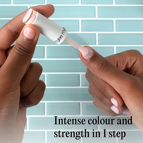 Image 1 - A persons hands are shown against a light blue tiled background, with one hand holding a white bottle of nail polish labeled mylee mylee, and the brush applying light pink polish to the nails of the other hand, which are already painted light pink, with text at the bottom reading Intense colour and strength in 1 step. Image 2 - A close-up of a woman with long, light pink manicured nails and a heart-shaped ring on her finger touching her face, with text overlayed that reads Helps seal and fortify broken nails. Image 3 - The image displays five cosmetic gel swatches in shades of peach, light pink, bright pink, nude pink, and brown, with text describing their features: NO DRIPS OR MESS, INFILL WITHOUT FULL REMOVAL, HIGH-VISCOSITY FORMULA, EASY TO WORK WITH SELF-LEVELLING FORMULA THAT IS BOTH BEGINNER AND PRO-FRIENDLY, OPAQUE FINISH, and CURES IN 99 SECONDS ON LOW HEAT MODE IN THE MYLEE GRANDE LED LAMP. Image 4 - Five Mylee Super Pigment Builder Gel Polish bottles in varying shades of pink to nude are displayed, with additional text below reading CRUELTY-FREE, VEGAN, PROFESSIONAL RESULTS.
