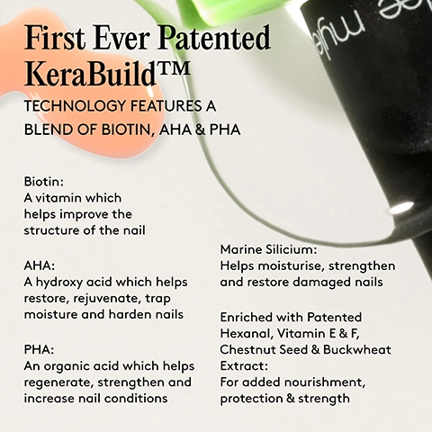 Image 10 - The image illustrates a step-by-step nail care routine showing a bare nail, application of a clear coat, application of a nude coat, and a calendar for repetition, with the visible text: Step-by-step, 01 START FRESH Begin with clean, bare nails - no polish, no residue. Make sure nails are dry before application. 02 STRENGTHEN WITH DOUBLE BOND Apply two thin coats of the Double Bond Nail Treatment, allowing each coat to dry fully before moving on. This helps to reinforce and protect the nail from within. 03 SHIELD WITH BUILD UP Once your Double Bond layers are dry, follow with two coats of Build Up Nail Shield. This sheer nude formula adds a natural, healthy-looking tint while forming a smooth, glossy barrier that strengthens and defends against daily wear and tear. Allow each coat to air dry fully before continuing. 04 REPEAT EVERY OTHER DAY After two days, remove both products using Mylee Acetone-Free Gel Polish Remover*, then repeat the full application process. For best results, continue consistently for 14 days as a complete nail routine to help restore strength, shine and resilience. *Product sold separately. Image 4 - A close-up of beauty products in the background with a clear applicator stick, featuring text that reads: First Ever Patented KeraBuild™ TECHNOLOGY FEATURES A BLEND OF BIOTIN, AHA & PHA Biotin: A vitamin which helps improve the structure of the nail AHA: A hydroxy acid which helps restore, rejuvenate, trap moisture and harden nails PHA: An organic acid which helps regenerate, strengthen and increase nail conditions Marine Silicium: Helps moisturise, strengthen and restore damaged nails Enriched with Patented Hexanal, Vitamin E & F, Chestnut Seed & Buckwheat Extract: For added nourishment, protection & strength. Image 5 - A three-panel image comparing fingernails, showing a damaged, peeling nail with a wooden stick touching it, followed by a smoother nail after Double Bond treatment, and an even healthier, glossy nail after Double Bond + Build Up Shield treatment; the visible text says For very damaged, weak, soft, & peeling nails, Before, After Double Bond, After Double Bond + Build Up Shield. Image 6 - A hand with healthy, natural nails against a plain background, with the text 99% nail keratin repair* and *When used as directed. Image 7 - Two hands hold two green Mylee nail treatment bottles, one with a black cap and one with a white cap, alongside text that reads In just 2 weeks: 93% said their nails felt harder*, 90% said their nails felt less fragile*, 95% said their nails felt rebuilt*. The bottles are labeled Mylee Double Bond Nail Treatment with biotin and Mylee Build Up Nail Shield with beet extract, with additional text stating *test conducted on a panel of up to 20 participants. Image 8 - A peach-colored liquid droplet and two clear droplets are shown with a dotted line connecting to bullet points listing features and benefits: Clear alcohol and water based formulation, and a sheer pink colour-correcting finish, Provides a natural nail look, Use on bare nails, Absorbs instantly - dries in seconds, 2 weeks full nail rehab treatment program, Suitable for nails damaged by too much buffing or scraping, nails which tend to peel at the top and break easily. Image 9 - A hand with some nails painted light pink and others natural is shown next to three circular icons with text below them: a rabbit icon with Cruelty-Free, a leaf and drop icon with Vegan, and a map of France icon with Made in France.