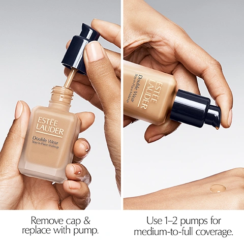 Image 1 - A two-panel image shows hands demonstrating the use of Estee Lauder Double Wear Stay-in-Place Makeup, with the left panel showing a pump being inserted into the foundation bottle and the right panel showing foundation dispensed onto skin, along with the text Remove cap & replace with pump and Use 1–2 pumps for medium-to-full coverage. Image 2 - Three bottles of Estee Lauder Double Wear Stay-in-Place Makeup foundation in light to medium shades are displayed with some product on their pump tops, next to the text Convenient & Reusable.