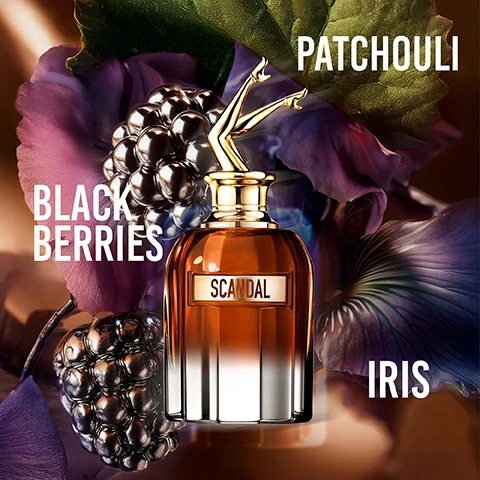 Image 1 - A perfume bottle with a golden cap shaped like legs, amber at the top and silver at the bottom, sits amidst purple petals, green leaves, and metallic berries, with the words BLACK BERRIES, PATCHOULI, IRIS, and SCANDAL visible. Image 2 - An image shows four distinct Scandal perfume bottles with golden leg-shaped caps, each in a separate vertical section with unique floral and botanical backgrounds, and a fragrance intensity scale at the bottom, featuring the text Scandal, Scandal Eau de Parfum, Gourmand Chypre, Intense Eau de Parfum Intense, Amber Floral, Le Parfum Eau de Parfum Intense, Floral Ambery, Elixir Parfum, Fruity Chypre.