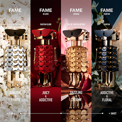 Four robotic-figure perfume bottles, each with a gold head and sunglasses, stand against themed backgrounds: a silver-scaled Fame Eau de Parfum with white flowers, a red-scaled Fame In Love Parfum Elixir with red berries, a gold-scaled Fame Intense Eau de Parfum Intense with pink petals, and a black-scaled Fame Parfum with dark flowers and smoke, displaying the text: FAME, EAU DE PARFUM, SENSUAL & FRUITY, + FLORAL, FAME IN LOVE, PARFUM ELIXIR, JUICY & ADDICTIVE, FAME INTENSE, EAU DE PARFUM INTENSE, DAZZLING & CREAMY, FAME PARFUM, PARFUM, ADDICTIVE & FLORAL, + SWEET.