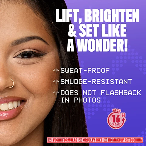 Image 1 - A smiling womans face with a nose ring is on the left, set against a purple background with white text that reads: LIFT, BRIGHTEN & SET LIKE A WONDER! SWEAT-PROOF SMUDGE-RESISTANT DOES NOT FLASHBACK IN PHOTOS UP TO 16 H WEAR VEGAN FORMULAS CRUELTY FREE NO MAKEUP RETOUCHING. Image 2 - A smiling womans face is split vertically, showing a before side with no makeup and an after side with full makeup, with visible text reading BEFORE, AFTER, NO MAKEUP RETOUCHING, WONDER SNATCH LIFTING SETTING POWDER PEACH POSSE 03, and NYX PROFESSIONAL MAKEUP. Image 3 - The image shows a red NYX Professional Makeup jar lid and an open light brown jar labeled Wonder Snatch, both resting on spilled face powder on a purple background, with a blue molecular structure and green tea leaves, and text that reads Wonder Pro-Formula Infused with Skin-Loving Ingredients Lifting Peptides Green Tea Leaves. Image 4 - Eight red-capped NYX Wonder Snatch makeup tubs with varying base colors are displayed in two rows against a background of corresponding loose powders, with text IN 8 BRIGHTENING AND TRANSLUCENT SHADES TO SNATCH IT ALL! BRIGHTENING SHADES NYX PROFESSIONAL MAKEUP WONDER SNATCH 02 CHEEKY CHERRY NYX PROFESSIONAL MAKEUP WONDER SNATCH 03 PEACH POSSE NYX PROFESSIONAL MAKEUP WONDER SNATCH 05 BANANA BRAT NYX PROFESSIONAL MAKEUP WONDER SNATCH 08 CACAO CRAZE TRANSLUCENT SHADES NYX PROFESSIONAL MAKEUP WONDER SNATCH 01 SUGAR SERVE NYX PROFESSIONAL MAKEUP WONDER SNATCH 04 APRICOT ATTITUDE NYX PROFESSIONAL MAKEUP WONDER SNATCH 06 SASSY SPICE NYX PROFESSIONAL MAKEUP WONDER SNATCH 07 CINNAMON CATCH. Image 5 - Two hands with pink manicured nails hold a tan fluid blush bottle with a pink cap and a pink cheek gel pot with a red lid, against a purple background with large white text that reads OUR WONDER FAMILY JUST SNATCHED UP! The fluid blush bottle text says NYX PROFESSIONAL MAKEUP 18 CINNAMON WONDER BLUSH FLUID BLUSH, and the cheek gel pot text says NYX PROFESSIONAL MAKEUP WONDER BLUSH CHEEK GEL.