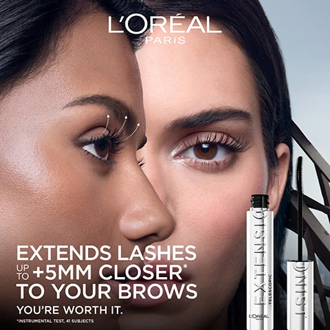 Image 1 - An ad features two women showcasing long, extended eyelashes, with one eye illustrating lashes reaching upwards towards the brow with dotted lines, alongside two tubes of LOréal Telescopic Extension mascara, with visible text LORÉAL PARIS EXTENDS LASHES UP TO +5MM CLOSER* TO YOUR BROWS YOURE WORTH IT. *INSTRUMENTAL TEST, 41 SUBJECTS. Image 2 - A close-up shows a womans face with her right eye prominent, showcasing long, curled lashes against a light background, with the text LASHES UP TO +5MM* CLOSER TO YOUR BROWS, EXTENDED LENGTH, VOLUME & CURL, and *INSTRUMENTAL TEST, 41 SUBJECTS. Image 3 - A close-up view of a mascara wand with a silver comb brush featuring numerous white bristles on a dark, blurred background, with text that reads Sculpting Comb Brush, +300 Bristles, Precisely Separate & Curl Up Each Lash, and an R in a circle logo. Image 4 - A grid displays three sets of before and after eye images, showing natural lashes on the left and enhanced, voluminous lashes on the right, with the text LASH LIFT-LIKE LASH IMPACT BEFORE AFTER. Image 5 - A silver LOréal Extensionsist mascara tube stands on a dark, reflective metallic background with radiating lines, featuring text that reads MADE TO EXTEND FORMULA MAGNETIC PIGMENTS & LENGTHENING FIBRES. Image 6 - Close-up of an eye with long, curled lashes and a mascara wand applying product, with text that reads: EXTEND & CURL EACH LASH, CURVED COMB FOR EASY & PRECISE APPLICATION, ROOT TO TIP UP TO 24H HOLD*, *SELF-ASSESSMENT, 157 WOMEN. Image 7 - A woman with brown eyes and dark hair, wearing mascara, holds a silver mascara tube that says EXTENSIONIST, with text overlays reading TESTED UNDER OPHTHALMOLOGICAL CONTROL, a badge stating OPHTHALMOLOGIST SUITABLE FOR SENSITIVE EYES TESTED, and checkmarked phrases SUITABLE FOR SENSITIVE EYES and SUITABLE FOR CONTACT LENS WEARERS, next to an R logo. Image 8 - Two LOréal mascara tubes, one silver labeled EXTENSIONIST TELESCOPIC and one teal labeled EXTENSIONIST TELESCOPIC WATERPROOF, are shown against a dark reflective background, with additional text that reads ALSO IN WATERPROOF FORMAT.