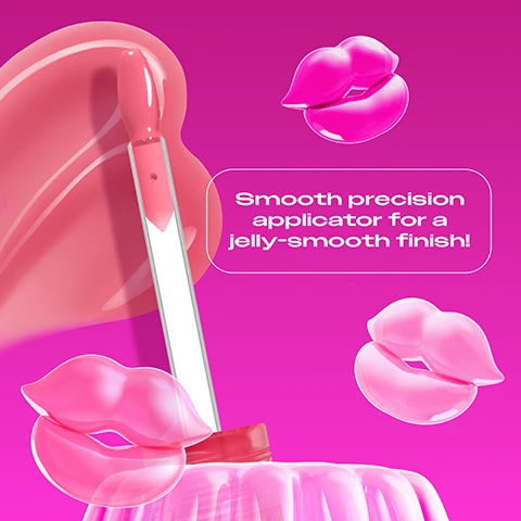 Image 1 - A pink lip gloss applicator with a drop of gloss is positioned above a shimmering pink jelly mold, surrounded by three glossy pink lip shapes, with text that reads Smooth precision applicator for a jelly-smooth finish! Image 3 - A grid of 16 lip gloss tubes in various shades including clear, blue, gold, brown, pink, and red, each with the text NYX PROFESSIONAL MAKEUP Jelly Job, and numbered 01, 02, 03, 04, 05, 06, 07, 08, 09, 10, 11, 12, 13, 14, 15, 16. Image 4 - A vibrant pink comparison chart displays three NYX Professional Makeup lip gloss products: Jelly Joop in a pink tube, Fat Oil Lip Drip in a clear tube with a neon green cap, and Butter Gloss in an opaque pink tube, each shown with its applicator and detailed descriptions; the visible text reads: The Gloss-ary! For Jelly Joop: NYX PROFESSIONAL MAKEUP, Jelly Joop, 0.27 fl. oz. / 8 mL, Finish Glassy, full volume shine, Key Benefit Full bodied, juicy jelly lip look, Color Payoff Medium; For Fat Oil Lip Drip: NYX PROFESSIONAL MAKEUP, FAT OIL LIP DRIP, 0.15 fl. oz. / 4.5 mL, Finish Hydrating shine infused with caring oils, Key Benefit Comfy 12 hour hydration with fat shine, Color Payoff Tint of Color; For Butter Gloss: NYX PROFESSIONAL MAKEUP, butter gloss, 0.27 fl. oz. / 8 mL, Finish High pigment shine, Key Benefit Butter smooth feel in iconic shades, Color Payoff Full.