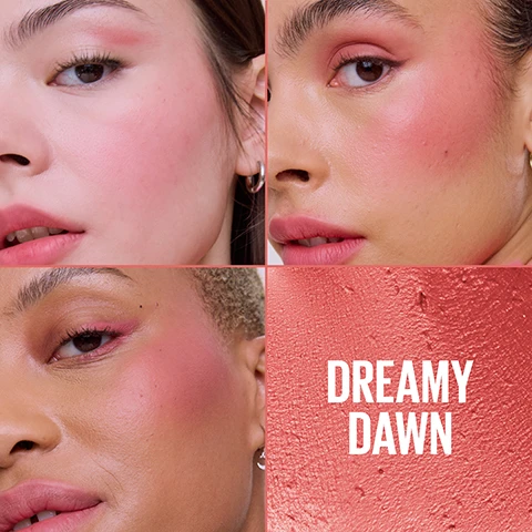 Image 1 - Three close-up shots of people with varying skin tones wearing pink blush and eye makeup, next to a textured pink product swatch that reads DREAMY DAWN. Image 2 - Three women with diverse skin tones model various shades of cheek color and lipstick against a pink background with blurred makeup jars, with the text UP TO 14H CHEEK COLOR. Image 3 - A multi-panel image demonstrates applying cream blush, showing a hand dipping a finger into the product, a swipe of blush on the cheek, and the final blended rosy result, with visible text HOW TO USE 1 DIP 2 SWIPE 3 BLEND. Image 4 - A pink-themed image features open jars of swirled red and fuchsia cream makeup, one with a red lid labeled MAYBELLINE NEW YORK CLOUD TO AIR, floating among pink clouds above a surface with a line of other colorful jars, and the text LIGHT-AS-AIR, ULTRA-VIVID PIGMENTS. Image 5 - A grid of ten textured rectangular swatches displaying various shades of makeup, set against a pink cloudy sky background, with the text 10 SHADES, Twilight Berry, Ethereal Rouge, Divine Crimson, Pink Daydream, Coral Illusion, Moonlit Rose, Enchanted Mauve, Dreamy Dawn, Solar Serenity, Toasted Sky. Image 6 - A split image shows a woman with pink makeup, on the left she touches her pink lips with text Wear On Lips, and on the right she taps her pink cheek with text Wear On Cheeks.