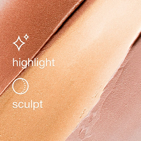 Three makeup swatches in shimmery bronze, matte nude, and matte pink-mauve, with text highlight and sculpt.