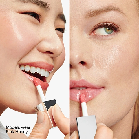 Image 5 - A split image showing two models applying lip gloss, one smiling while applying a coral-pink shade and the other applying a sheer pink shade, with the visible text Models wear Pink Honey. Image 6 - A pink background shows a white dropper icon above the text nourish, and a white dewdrop icon above the text add sheer tint. Image 7 - Streaks of deep red and pink liquid are on the right against a light background, with text on the left side stating Formula facts, Dermatologist tested, Allergy tested, 100% fragrance free, Free of: Fragrance.