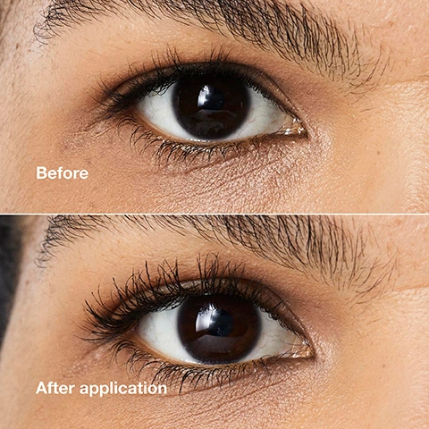 Image 4 - A split image shows a persons eye with shorter, thinner lashes in the top section and longer, fuller lashes in the bottom section, with the visible text Before After application. Image 5 - A Clinique Lash Power Mascara tube with its wand showing black mascara creating a streak, next to text that reads Lengthening mascara with 24-hour wear and on the tube CLINIQUE lash power mascara long-wearing formula mascara extension visible formule longue tenue.