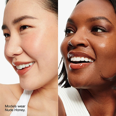 Image 4 - A split image shows the lower faces of two smiling women, one with light skin and rosy cheeks, and the other with dark skin and glossy reddish-brown lips. Models wear Nude Honey. Image 5 - A swirling pink and dark red background displays two white icons and text: a dropper above nourish, and an oil drop above add sheer tint. Image 6 - The image displays swatches of pink and red liquid products on a light background, alongside text that reads Formula facts, Dermatologist tested, Allergy tested, 100% fragrance free, Free of:, and Fragrance.