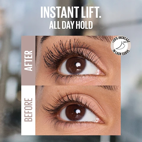 Image 1 - A split image shows a brown eye with a comparison of lashes, the top panel labeled AFTER shows long, curled, and volumized lashes, while the bottom panel labeled BEFORE shows shorter, less curled lashes, with overlay text that reads INSTANT LIFT. ALL DAY HOLD and +28% INCREASE IN LASH CURVE. Image 2 - A light pink Maybelline mascara tube with a detached wand stands upright, displaying text on the tube that reads BODY, LASH SENSATIONAL, MAYBELLINE NEW YORK, and additional feature text to the left: INSTANT LIFT. ALL DAY HOLD. BODY CURVE BRUSH. SILKY, BUILDABLE FORMULA. Image 3 - A close-up of a persons face from the eye down to the mouth, showing dark skin, an eye with long, lifted lashes, a nose, and glossy lips, with text that reads 93% AGREE LASHES LOOK LIFTED 91% AGREE LASHES FEEL LIGHTWEIGHT ALL DAY. Image 4 - A curved white mascara brush is shown coated in black mascara formula, with text describing its features: BODY CURVE BRUSH, Instant Lift. All Day Hold, SILKY, BUILDABLE FORMULA, Smoothly builds onto each lash. Image 5 - A grid of close-up eyes shows before and after comparisons of mascara on three different lash types with text SHORT, BEFORE, AFTER, STRAIGHT, BEFORE, AFTER, CURLY, BEFORE, AFTER. Image 6 - Close-up of a persons brown eye with long, dark eyelashes, and a light beige applicator tool with the word JUST on it resting across the upper lashes, with the text LIFTED LASHES RAISE THE BAR.