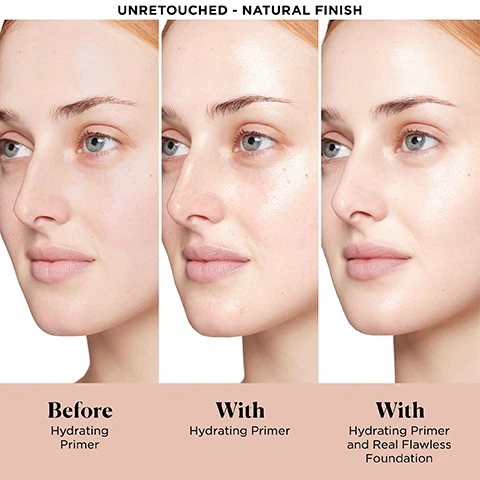 Image 3 - A multi-panel comparison shows a womans face from the side, first with bare skin, then with hydrating primer applied, and finally with both hydrating primer and foundation, demonstrating a progression to a smoother, more even, and radiant complexion, with text labels reading UNRETOUCHED - NATURAL FINISH, Before Hydrating Primer, With Hydrating Primer, and With Hydrating Primer and Real Flawless Foundation. Image 4 - A three-panel image shows a dark-skinned persons face with natural skin texture in the first panel, a hydrated glow in the second, and a smooth, radiant finish in the third, with text at the top reading UNRETOUCHED - NATURAL FINISH, and below each panel reading Before Hydrating Primer, With Hydrating Primer, and With Hydrating Primer and Real Flawless Foundation respectively. Image 5 - Image displaying three tubes of Laura Mercier Pure Canvas Primer, each corresponding to a skin type and primer benefit. The text reads: Which Formula Is Right For My Skin Type. DRY FLAKEY FINE LINES, Laura Mercier Pure Canvas Primer Hydrating Hydratant, YOULL LOVE: Pure Canvas Primer Hydrating. OILY / COMBINATION ENLARGED PORES TEXTURED, Laura Mercier Pure Canvas Primer Blurring Floutant, YOULL LOVE: Pure Canvas Primer Blurring. DULL UNEVEN DARK SPOTS, Laura Mercier Pure Canvas Primer Illuminating Lumineux, YOULL LOVE: Pure Canvas Primer Illuminating. Image 6 - Three tubes of Laura Mercier Pure Canvas Primer in light blue, light purple, and light pink are shown on a white surface, with text on the tubes reading LAURA MERCIER PURE CANVAS PRIMER HYDRATING HYDRATANT and features listed as Extends Makeup Wear for 16HRs, 24HR Hydration, Plumps and Smooths Skin, and Instantly Reduces the Appearance of Fine Lines and Wrinkles. Image 7 - A tube of Laura Mercier Pure Canvas Primer in a light blue and pink gradient stands on a light blue background with water droplets, displaying the text LAURA MERCIER PURE CANVAS PRIMER Hydrating Hydratant, with additional text listing ingredients: Skin Perfecting Complex Blend of rose extracts moisturizes, protects and smooths skin, Mineral-Enriched Water Known to decrease dullness and boost hydration, and Glycerin Water-loving ingredient that helps attract moisture to skin. Image 8 - A woman with wet hair in a white robe looks into a mirror while holding a tube of primer labeled Dewy Hour Hydrating Primer, 1.01 FL. OZ. / 30 ML, with text on the mirror stating 97% agree primer makes skin feel soft and supple, 91% agree primer helps skin stay moisturized all day, 91% agree primer improves the quality of makeup wear, and *After 3 weeks of consumer testing, 30 women*. Image 9 - The image presents a comparison of an older light blue Laura Mercier Pure Canvas Primer Hydrating tube and a newer light greenish-grey Laura Mercier Pure Canvas Primer Hydrating tube, accompanied by the text NEW AND IMPROVED Pure Canvas Primer Hydrating We Kept What You Loved Extends Makeup Wear Hydrating Skin-replenishing And Made It Even Better Extends makeup wear for 16HRs Provides 24HR hydration Plumps and smooths skin. Image 10 - A Laura Mercier product comparison chart displays old Pure Canvas Primers and their new and improved equivalents across four categories, with the text New And Improved, IF YOU LIKED Pure Canvas Primer, Hydrating or Supercharged Essence, Illuminating or Perfecting, Blurring, Protecting SPF 30, YOULL LOVE New and Improved Pure Canvas Primer, Hydrating, Illuminating, Blurring, and Blurring + Tinted Moisturizer with SPF.