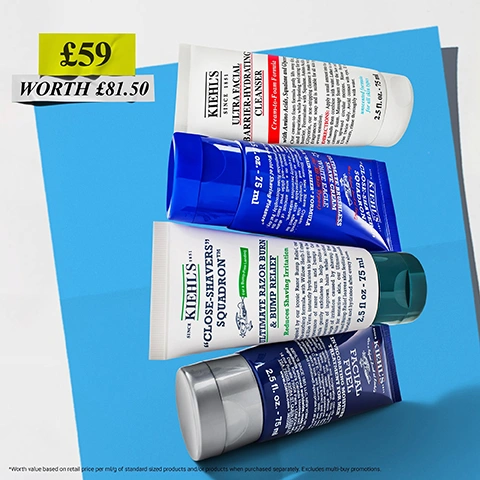 Image 2 - Four Kiehls product tubes, one white, one blue, one white with a green cap, and one dark blue with a silver cap, are arranged diagonally on a blue and white background, displaying the text: £59 WORTH £81.50 KIEHLS SINCE 1851 ULTRA FACIAL BARRIER-HYDRATING CLEANSER Cream-to-Foam Formula 2.5 fl. oz. - 75 ml KIEHLS SINCE 1851 WHITE EAGLE SHAVE CREAM ULTIMATE BRUSHLESS SHAVE CREAM 2.5 fl. oz. - 75 ml KIEHLS SINCE 1851 CLOSE-SHAVERS SQUADRON™ ULTIMATE RAZOR BURN & BUMP RELIEF Reduces Shaving Irritation 2.5 fl. oz. - 75 ml KIEHLS SINCE 1851 FACIAL FUEL ENERGIZING MOISTURE TREATMENT FOR MEN 2.5 fl. oz. - 75 ml Worth value based on retail price per ml/g of standard sized products and or products when purchased separately. Excludes multi buy promotions. Image 3 - A white page shows four Kiehls skincare product tubes on the left, alongside a list of four key ingredients and their benefits on the right, with visible text including: K, Our Products With:, Kiehls Ultra Facial Barrier-Hydrating Cleanser, Kiehls Close-Shavers Squadron Ultimate Brushless Shave Cream White Eagle, Kiehls Close-Shavers Squadron Ultimate Razor Burn Relief A Post-Shave Repair Gel, Kiehls Facial Fuel Energizing Face Wash, Glycerin Our formula helps hydrate the skin barrier, Menthol Our formula helps refresh skin, Aloe Vera Our formula helps protect and repair skin, Vitamin Cg Our formula helps boost radiance, Kiehls Since 1851. Image 4 - A four-panel image displays men using skincare products: a young man with cream on his cheek with text Cleanses Skin Without Stripping; a hand applying cream to a mans face with text Soothing After-Shave; an older man with a white beard covered in shaving cream with text Brushless Shave Cream; and a young man with cream dots on his face with text Invigorating Moisturiser. Image 5 - Four Kiehls mens grooming products are displayed on a white surface with a blue background, illustrating a RECOMMENDED ORDER OF USE routine: 1 Deeply Cleanse with Kiehls Ultra Facial Barrier-Hydrating Cleanser Cream-to-Foam Formula 2.5 fl. oz. - 75 ml; 2 Shave with Kiehls Close-Shavers Squadron Ultimate Brushless Shave Cream White Eagle 2.5 fl. oz. - 75 ml; 3 Soothe with Kiehls Close-Shavers Squadron Ultimate Razor Burn & Bump Relief 2.5 fl. oz. - 75 ml; and 4 Moisturise & Re-Energise with Kiehls Facial Fuel Invigorating Moisture Treatment for Men 2.5 fl. oz. - 75 ml. Image 6 - Four Kiehls skincare tubes, including Ultra Facial Barrier-Hydrating Cleanser, White Eagle Ultimate Brushless Shave Cream, Ultimate Razor Burn & Bump Relief, and Facial Fuel Energizing Moisturizer, are displayed on a blue background next to a yellow tag showing €72 and a white tag showing WORTH €96.50.