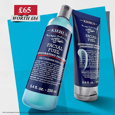 Image 2 - The image shows a Kiehls Facial Fuel skincare set on a blue background, featuring an Invigorating Face Wash Gel Cleanser For Men 8.4 fl. oz. - 250 ml bottle and an Invigorating Moisture Treatment For Men 6.8 fl. oz. - 200 ml tube, with a promotional tag stating £65 WORTH £84, and a footer disclaimer reading Worth value based on retail price per ml/g of standard sized products and/or products when purchased separately. Excludes multi-buy promotions. Image 3 - Two Kiehls Facial Fuel skincare products, a light blue bottle and a dark blue tube, are presented on a white folded paper against a blue background, with visible text that reads: Our Products With: CAFFEINE Our formula helps skin feel revitalised and invigorated. Kiehls Facial Fuel Invigorating Face Wash Gel Cleanser For Men 8.4 fl. oz. - 250 ml. VITAMIN Cg Our formula helps boost radiance. Kiehls Facial Fuel Energizing Moisture Treatment For Men 2.5 fl. oz. - 75 ml. Kiehls Since 1851. Image 4 - Two close-up images show one person washing their face with white foam and another person with moisturiser on their face, with overlaid red banners stating Invigorating facial wash and Invigorating moisturiser. Image 5 - A Kiehls Facial Fuel set, featuring an Invigorating Face Wash Gel Cleanser bottle and an Invigorating Moisture Treatment tube, is displayed on a blue and white background, with a red sale tag showing €80 WORTH €102, and the labels on the products read KIEHLS SINCE 1851 For a Refuel Land at Kiehls FACIAL FUEL INVIGORATING FACE WASH GEL CLEANSER FOR MEN 8.4 fl. oz. - 250 ml and KIEHLS SINCE 1851 For a Refuel Land at Kiehls FACIAL FUEL INVIGORATING MOISTURE TREATMENT FOR MEN 6.8 fl. oz. - 200 ml.