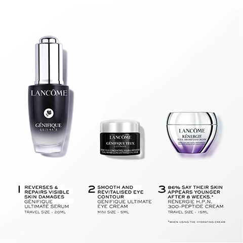 Image 1 - The image shows three Lancôme skincare products: a black Génifique Ultimate serum bottle, a small black Génifique Yeux Ultimate eye cream jar, and a silver and purple Rénergie H.P.N. 300-Peptide Cream jar, with descriptions below each; 1 REVERSES & REPAIRS VISIBLE SKIN DAMAGES GÉNI FIQUE ULTIMATE SERUM TRAVEL SIZE - 20ML, 2 SMOOTH AND REVITALISED EYE CONTOUR GÉNI FIQUE ULTIMATE EYE CREAM MINI SIZE - 5ML, 3 86% SAY THEIR SKIN APPEARS YOUNGER AFTER 8 WEEKS.* RÉNERGIE H.P.N. 300-PEPTIDE CREAM TRAVEL SIZE - 15ML *WHEN USING THE HYDRATING CREAM. Image 2 - A dark, sleek Lancôme Génifique Ultimate serum bottle is shown with its dropper extended, dispensing a single drop, against a dark blue background, with the text GÉNIFIQUE ULTIMATE ULTIMATE REPAIR, REVERSES VISIBLE SKIN DAMAGES* and *APPEARANCE OF FINE LINES AND WRINKLES, SMOOTHNESS & SKIN QUALITY. Image 3 - A woman applies serum drops to her cheek, with text displaying product benefits: 93% SAY SKIN LOOKS SMOOTHER* 90% SAY SKIN QUALITY LOOKS IMPROVED* 82% SAY SKIN LOOKS MORE GLOWING & LUMINOUS* *SELF ASSESSMENT, 81 WOMEN, 4 WEEKS. Image 4 - A close-up shows a person with dark skin applying a clear serum to their cheek with their fingers, with text that reads INSTANTLY SOOTHED & HYDRATED SKIN* *SELF ASSESSMENT, 81 WOMEN, IMMEDIATE USE. Image 5 - A dark blue Lancôme Génifique Ultimate serum bottle is displayed on the left, alongside text on the right that lists ingredients and their benefits: BETA-GLUCAN™ ACCELERATES SKIN REPAIR, HYALURONIC ACID HYDRATES AND PLUMPS SKIN, LICORICE EXTRACT REDUCES APPEARANCE OF REDNESS, and 7 PRE- AND PRO- BIOTIC FRACTIONS STRENGTHENS THE SKIN BARRIER.