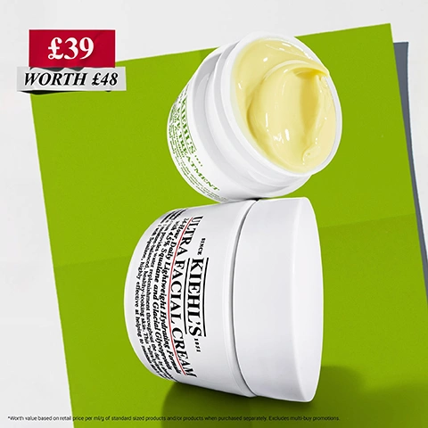 Image 2 - Two Kiehls cream jars, one closed and lying on its side showing the label and the other open revealing yellow cream, are placed on a green background, with visible text £39 WORTH £48, KIEHLS ULTRA FACIAL CREAM, and KIEHLS TREATMENT. Image 3 - A folded white paper advertisement for Kiehls products against a green background displays a jar of Ultra Facial Cream and a jar of Creamy Eye Treatment, along with the text: K Our Products With: KIEHLS Since 1851 ULTRA FACIAL CREAM 24-Hour, Daily Lightweight Hydrating Formula with 4.5% Squalane and Glacial Glycoprotein Net Wt. 1.7 oz. (50 ml) DIRECTIONS: Apply evenly to clean skin day or night. SQUALANE Our formula helps replenish skin moisture barrier. KIEHLS Since 1851 CREAMY EYE TREATMENT with Avocado Net Wt. 0.5 fl. oz. (14 ml) DIRECTIONS: Apply gently with fingertips along the orbital bone. AVOCADO OIL Our formula moisturises and nourishes skin. Kiehls Since 1851. Image 4 - A smiling person with dark skin applies white cream to their cheek and under their eye, with visible text DEEPLY hydrates skin, HYDRATES & DE-PUFFS under eye*, and *With massage. Image 5 - Two open jars of Kiehls skincare products are shown on a white surface, with a piece of paper behind them detailing recommended order of use: 1 Hydrates & de-puffs under eyes*, 2 Helps repair skin barrier in 1-hour**, and footnotes *With massage. **Results based on an instrumental study, 30 subjects; the left jar, containing yellow cream, is labeled Kiehls Creamy Eye Treatment with Avocado 0.5 fl oz/14 ml e, and the right jar, containing white cream, is labeled Kiehls Ultra Facial Cream 0.95 fl oz/28 ml e. Image 6 - A vibrant green background displays two white jars of facial cream from Kiehls, one jar open revealing light yellow cream and the other closed, lying on its side, with its label showing the text SINCE 1851 KIEHLS ULTRA FACIAL CREAM 24-Hour Daily Lightweight Hydrating Formula with 4.5% Squalane and Glacial Glycoprotein This formula provides water replenishment throughout the day for softer, smoother, and healthy-looking skin. This formula, with Squalane, is highly effective at helping to protect, strengthen and improve skin barrier. Non-greasy. Fragrance-free, a red sales tag in the top left corner states €48 WORTH €57, and a small disclaimer at the bottom reads Worth value based on retail price per ml/g of standard sized products and/or products when purchased separately. Excludes multi-buy promotions.