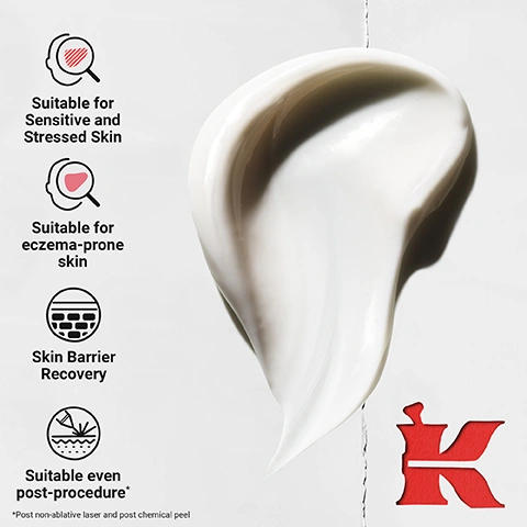 Image 10 - A polaroid image shows a womans face split into two halves: the left side with natural skin showing redness and freckles, and the right side a thermal map in red, yellow, and blue colors, with a white card below reading DID YOU KNOW? Stressed skin refers to skin with a compromised barrier, which can be caused by external aggressors such as pollution, temperature change, post-shave and post-procedures. Image 11 - A silver Kiehls winged pin holds a white note on a red background with the text EXPERT TIP Ultra Facial Meltdown Recovery Cream is dermatologically tested and supports compromised skin barrier repair for sensitive or stressed skin, and a New York Apothecary Since 1851 stamp. Image 2 - A white swirled dollop of cream is displayed on a white background, accompanied by text listing benefits: Suitable for Sensitive and Stressed Skin, Suitable for eczema-prone skin, Skin Barrier Recovery, Suitable even post-procedure* (*post non-ablative laser and post chemical peel), and a red stylized K logo. Image 3 - Close-up of a person with a red cheek applying white cream with their finger, next to text that says RELIEVES SKIN DISCOMFORT, DRYNESS AND DEHYDRATION. Image 5 - A white folded paper against a red background displays skincare ingredients and their benefits, with a pile of light powder, a clear liquid droplet, and two amber liquid droplets on the left, aligned with text on the right that reads K Our Formula With: COLLOIDAL OATMEAL Our formula with micro colloidal spheres creates a bio-mimetic shield to protect against aggressors and support barrier recovery. DEXPANTHENOL Our formula helps to support the skins natural renewal process. α-BISABOLOL Our formula with α-Bisabolol helps soothe very dry, uncomfortable skin prone to irritation. Kiehls Since 1851. Image 6 - A red jar of Kiehls Ultra Facial Meltdown Recovery Cream with white cream visible is displayed on a red background with text promoting Sensitive Skin Relief in 5 MINS*, Helps Repair Skin Barrier from 1ST USE, Up To 96 HR Hydration**, and the product label states SINCE 1851 KIEHLS ULTRA FACIAL MELTDOWN RECOVERY CREAM M.E.D.I. GRADE MEASURED. EFFECTIVE. DOSED. INGREDIENTS. Unscented Formula for All Skin Types, with footnotes *Self assessment, 65 people and **Instrumental test. Image 7 - A split image shows a persons cheek area, with the left side labeled BEFORE showing visible redness and a small red mark, and the right side labeled AFTER* showing significantly reduced redness and a faded mark, with text 90% Agree Skin Looks Soothed Instantly** and fine print *Individual results (1 week, daily use). Individual results may vary. **Self Assessment, 65 people. Image 8 - Three Kiehls skincare products, a cleanser, a cream, and a sunscreen, are arranged left to right on a white surface with a red background, accompanied by text reading STEP 1 CLEANSE KIEHLS SINCE 1851 ULTRA FACIAL BARRIER-HYDRATING CLEANSER Cream-to-Foam Formula 5.0 fl. oz. - 150 ml, STEP 2 HYDRATE KIEHLS SINCE 1851 DERMATOLOGIST SOLUTIONS ULTRA FACIAL BARRIER-RECOVERY CREAM 1.7 fl. oz. - 50 ml, and STEP 3 PROTECT KIEHLS DERMATOLOGIST SOLUTIONS Ultra Light Daily UV Defense SUNSCREEN SPF 50 PA++++ High Protection ANTI-POLLUTION (UVA) 1.0 fl. oz. - 30 ml. Image 9 - The image displays four Kiehls facial cream jars vertically aligned on a red background, each corresponding to a specific skin concern label: the first pairing is Everyday Dry & Dehydrated with a white jar of Kiehls Ultra Facial Cream 24-Hour Daily Lightweight Hydrating Formula with 4.5% Squalane and Glacial Glycoprotein, Formulated to provide continuous comfort and well-balanced hydration, Smooth texture is shown to instantly leave skin feeling hydrated, softer, and smoother, Clinically demonstrated to give a 105% increase in skins moisture; the second pairing is Everyday Sensitive & Stressed with a red jar of Kiehls Ultra Facial Meltdown Recovery Cream Overnight Formula for all skin types; the third pairing is Everyday Dry & Dehydrated with SPF with a white jar of Kiehls Ultra Facial Cream Broad Spectrum SPF 30 24-hour Everyday Calming Formula with Extract of Oatmeal Glycoprotein and Fountain Plant, Instantly soothed First Acent (TM) Clinically demonstrated to help strengthen skins barrier, Skin is feeling balanced-comfortable and more radiant; and the fourth pairing is Everyday Oily & Blemish Prone with a blue jar of Kiehls Ultra Facial Oil-Free Gel Cream 24-Hour Hydration and Shine Control for normal to oily skin types.