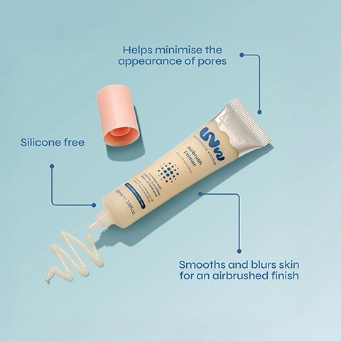 Image 2 - A beige tube of primer with its pink cap off and a swirl of product on a light blue background features the text WELLNESS + WONDER BEAUTY Airbrush primer, Enriched with Glycerin, caffeine extract, mint & menthol, 30ml ℮ 1.0fl.oz, and additional text stating Helps minimise the appearance of pores, Silicone free, and Smooths and blurs skin for an airbrushed finish. Image 3 - A light blue image displays two The Beauty Crop Weightless Wonder products, an Airbrush Blurring Setting Mist spray bottle on the left and an Airbrush Primer tube on the right, with the text Your IRL filter for effortlessly airbrushed skin, STEP 1 Smooth and blur skin with Weightless Wonder Airbrush Primer, and STEP 2 Lock in makeup with Weightless Wonder Airbrush Blurring Setting Mist; the primer tube reads The Beauty Crop Weightless Wonder Airbrush Primer Base de teint flou Enriched with Caffeine, Cucumber Water & Panthenol 30ml e 1.0 fl.oz, and the setting mist bottle reads The Beauty Crop Weightless Wonder Airbrush Blurring Setting Mist Brume fixative effet flou Enriched with Caffeine, Cucumber Water & Panthenol Suitable for all skin types 100 ml e 3.38 fl.oz. Image 4 - A split image shows a womans face, with the left side labelled Before featuring a smiling face with visible blemishes, and the right side labelled After showing a more neutral expression with smoother, clearer skin. Image 5 - A four-panel image shows a makeup routine featuring a woman applying primer labeled STEP 1 Prime & Blur, a woman applying concealer labeled STEP 2 Perfect & Conceal, a woman applying powder labeled STEP 3 Set & Smooth, and a woman applying setting spray labeled STEP 4 Lock It In. Image 6 - A persons hand applies a white beauty product from a tube labeled THE BEAUTY CROP WEIGHTLESS WELLNESS Airbrush Primer 30ml e 1 fl.oz. onto their cheek, with overlay text listing key ingredients: Caffeine Visibly brightens and improves skin texture, combats dark circles; Cucumber Extract Antioxidant-rich known to soothe, hydrate and refresh; Panthenol Helps moisturise, soothe and strengthen skin barrier.