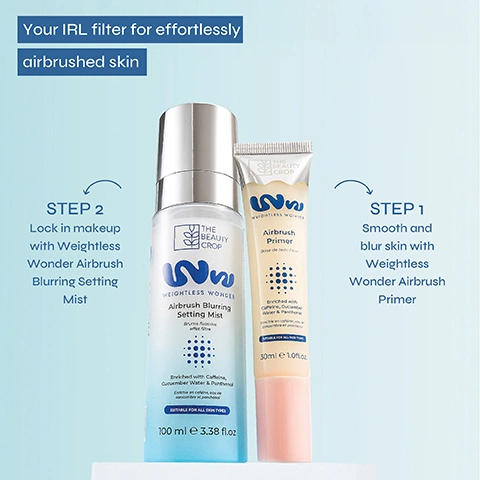 Image 3 - The image displays two The Beauty Crop Weightless Wonder products, an Airbrush Blurring Setting Mist spray bottle and an Airbrush Primer tube, with the text Your IRL filter for effortlessly airbrushed skin, Step 1 Smooth and blur skin with Weightless Wonder Airbrush Primer 30ml e 1.0 fl.oz Enriched with Caffeine, Cucumber Water & Panthenol, and Step 2 Lock in makeup with Weightless Wonder Airbrush Blurring Setting Mist 100 ml e 3.38 fl.oz Brume Fixatrice effet Flou Enriched with Caffeine, Cucumber Water & Panthenol Suitable for all skin types. Image 4 - A close-up of a persons face split into two, showing skin with redness and blemishes on the left labeled Before, and smoother, covered skin on the right labeled After, with a small nose piercing visible. Image 5 - An informational table titled Get To Know Our Setting Mists, visually comparing four setting mist products: Oui Cherie, Dewy Bounce, PoreFilter, and Weightless Wonder, across categories including Dewy Power (visually rated), Superpower, Lasting Power (visually rated), and Key Ingredients; Oui Cherie refreshes makeup with Cherry Extract, Hyaluronic Acid & Purslane; Dewy Bounce sets makeup for up to 16 hours with Snow Mushroom Extract, Hyaluronic Acid & Niacinamide; PoreFilter sets makeup with a matte finish with Hyaluronic Acid & Niacinamide; Weightless Wonder sets makeup and blurs imperfections with Caffeine, Cucumber Extract & Panthenol. Image 6 - A four-panel image shows diverse women demonstrating a makeup routine: first, a woman applies primer labelled STEP 1 Prime & Blur; second, a woman holds foundation and concealer labelled STEP 2 Perfect & Conceal; third, a woman applies powder labelled STEP 3 Set & Smooth; and fourth, a woman applies setting spray labelled STEP 4 Lock It In. Image 7 - A three-panel image shows a persons face progressing from visible pores to smoother skin after concealer and then to blurred perfected skin after setting powder, with the labels Weightless Wonder Airbrush Primer, Weightless Wonder Concealer & Skin Tint, and Weightless Wonder Setting Powder & Mist. Image 8 - A smiling woman holds a white and blue spray bottle, displaying the brand The Beauty Crop Weightless Wonder Airbrush Blurring Setting Mist, which states Blurs pores, smooths texture, Enriched with Caffeine, Cucumber Water & Panthenol, VEGAN FOR ALL SKIN TYPES, 100 ml e 3.38 fl.oz, while text on the left highlights Caffeine Visibly brightens and improves skin texture, combats dark circles, Cucumber Extract Antioxidant-rich known to soothe, hydrate and refresh, and Panthenol Helps moisturise, soothe and strengthen skin barrier.