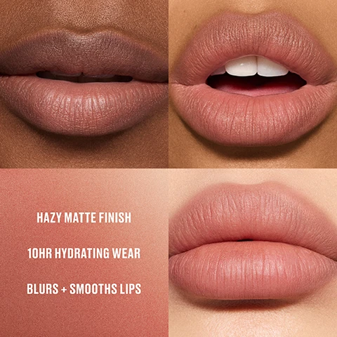 Image 1 - Close-up images show lips with different skin tones wearing a rosy-brown matte lipstick, with text overlay Hazy Matte Finish, 10HR Hydrating Wear, Blurs + Smooths Lips. Image 2 - A grid of nine close-up images shows various models wearing different nude lipstick shades with the labels NUDES, OFF THE MARKET, BIG PROMOTION, TAKEN, TEDDY 2.0, MULL IT OVER, TURN TO THE LEFT, GOOD FOR YOU, and CHESTNUT.