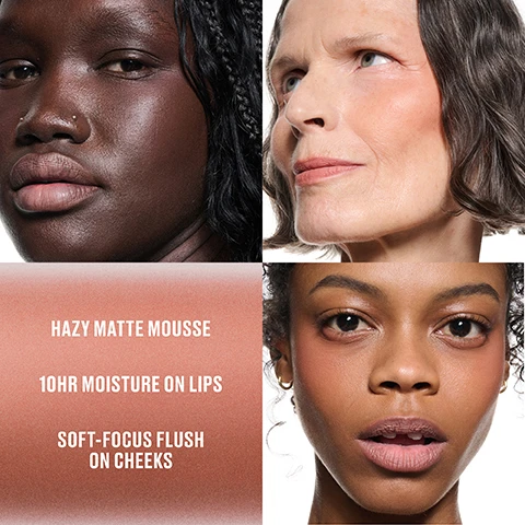 Image 3 - Four-panel collage featuring diverse individuals with makeup: a person with dark skin and a nose ring, an older person with light skin and grey hair, and a person with dark skin and natural blush on cheeks, with product text that reads Hazy Matte Mousse, 10HR Moisture On Lips, Soft-Focus Flush On Cheeks. Image 4 - Nine close-up photos of lips wearing different nude lipstick shades are arranged in a grid, with a top banner displaying NUDES and individual shade names below each lip photo: WARM HUG, DATE-MAKER, HABIT, VELVET TEDDY, TAKEN, ITS PERSONAL, BUFFIEST, REKINDLED, CHESTNUT. Image 5 - An image displaying a grid of nine close-up shots of models lips wearing different shades of pink and purple lipstick, with the header Pinks and Purples, and individual lipstick shade names Mull It Over, Pink Roses, More The Mehr-ier, Over The Taupe, Fashion Emergency, A Little Tamed, Something Borrowed, Make It Fashun!, Billion $ Smile. Image 6 - A grid collage features nine close-up views of models lips wearing various red and orange lipstick shades, with text REDS + ORANGES, RESORT SEASON, CREAMSICLE, RHYTHM N ROSES, M-A-C SMASH, RUBY BOO, DEVOTED TO CHILI, MARRAKESH-MERE, BURNING LOVE, DATE NIGHT, PRETTY PLEATS