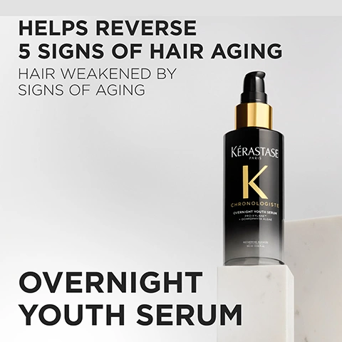 Image 1 - A black and gold Kérastase Chronologiste Overnight Youth Serum bottle is displayed on white marble blocks with the text HELPS REVERSE 5 SIGNS OF HAIR AGING, HAIR WEAKENED BY SIGNS OF AGING, and OVERNIGHT YOUTH SERUM, alongside the bottle details KÉRASTASE PARIS, K, CHRONOLOGISTE, OVERNIGHT YOUTH SERUM, PRO-XYLANE + DECHLOROPHYTA AURALE, RECHERCHE AVANCÉE 90 ML / 3.04 FL. OZ. Image 2 - A large white glossy gel drop is on the right side of a white background with text on the left that reads WHITE GEL TEXTURE OVERNIGHT YOUTH SERUM. Image 3 - A black and gold Kérastase Chronologiste Overnight Youth Serum bottle, with white liquid dripping from its pump and down its side, is displayed against a gradient background, with promotional text reading HELPS REVERSE 5 SIGNS OF HAIR AGING IN 1 NIGHT*, and text visible on the bottle includes KÉRASTASE PARIS K CHRONOLOGISTE OVERNIGHT YOUTH SERUM PRO-XYLANE™ + OCHROPHYTA ALGAE RECHERCHE AVANCÉE 90 ML 3.04 FL.OZ., plus a small disclaimer at the bottom stating *Instrumental test after application of Serum on dryness, dullness, lack of volume, thickness & frizz. Image 4 - A close-up shows white, cream, and pink freesia flowers with water droplets, red crystalline elements, and a red feathery leaf against a black background, accompanied by text that says PARIS COUTURE REVITALISING & SENSUAL FRAGRANCE FREESIA, BERGAMOT & MUSK ACCORD NOTES. Image 5 - A hand holds a black and gold pump bottle of Kérastase Chronologiste Overnight Youth Serum, with a small amount of product visible at the pump, next to numbered instructions for use on a white background: HOW TO USE FOR THE BEST RESULT? 1. APPLY ON DRY OR DAMP HAIR BEFORE BEDTIME. 2. SPREAD ONE PUMP INTO HANDS AND DISTRIBUTE ON LENGTHS AND ENDS 3. NO NEED TO RINSE IN THE MORNING. The bottle itself displays KÉRASTASE PARIS K CHRONOLOGISTE OVERNIGHT YOUTH SERUM PRO-YOUTH - HYALURONIC ACID - OCHROPHYTA ALGAE ANTI-AGING SCALP AND HAIR SERUM SÉRUM REVITALISANT JEUNESSE 50 ml / 1.7 fl. oz. Image 6 - A woman with long wavy brown hair and bangs looks directly at the camera, alongside text that reads Chronologiste Youth Revitalising Care helps reverse 5 signs of aging in 1 night* Wake up to fuller, smoother, healthier hair** *instrumental test, after application of Serum on dryness, dullness, lack of volume, thickness, frizz **consumer test after application of Bain + Mask + Night Serum, 90 consumers. Image 7 - The image shows a four-step hair care routine with four black and gold Kérastase Chronologiste products, displaying the text CHRONOLOGISTE REVITALISING ROUTINE FOR HAIR WEAKENED BY SIGNS OF AGING, and below each product: 1. BATHE featuring Kérastase Paris Chronologiste Bain Régénérant Revitalising & purifying shampoo for invigorated scalp & hair, 2. TREAT featuring Kérastase Paris Chronologiste Masque Intense Régénérant Youth revitalising mask for hair & scalp, 3. STYLE featuring Kérastase Paris Chronologiste Crème de Vie Thermique Blow-dry care, and 4. NIGHT featuring Kérastase Paris Chronologiste Sérum Universel Hair & Scalp youth serum.