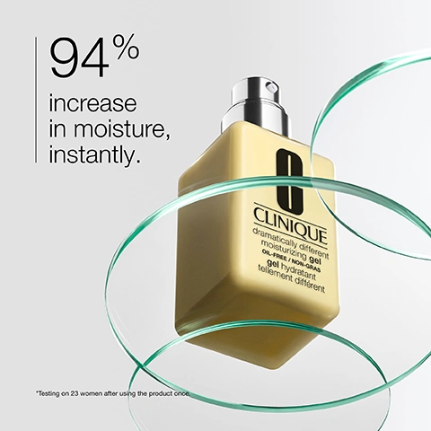 Image 3 - A pale yellow Clinique Dramatically Different Moisturizing Gel bottle with a silver pump is centered against a white background with green wavy ribbons, featuring text that states 94% increase in moisture, instantly, and on the bottle itself, Clinique dramatically different moisturizing gel OIL-FREE / NON-GRAS gel hydratant tellement different, with fine print at the bottom reading Testing on 23 women after using the product once. Image 4 - A tall pink bottle of Clinique clarifying lotion is partially visible on the right, with a green cylindrical tube lying in the background on the left, displaying text that reads: DERMATOLOGIST-DEVELOPED FORMULA FOR SKIN THAT: Looks smoother. Looks more radiant. With less-noticeable pores for combination oily skin types. CLINIQUE clarifying lotion twice a day exfoliator lotion exfoliante matin et soir 3. Image 5 - Three Clinique all about clean liquid facial soap bottles with green, purple, and pink caps stand in white suds, with accompanying text reading Dermatologist developed. In 3 skin-typed formulas. The green-capped bottle is labeled CLINIQUE all about clean liquid facial soap extra-mild savon visage liquide très doux VERY DRY TO DRY SÈCHE À TRÈS SÈCHE; the purple-capped bottle reads CLINIQUE all about clean liquid facial soap mild savon visage liquide doux DRY COMBINATION SÈCHE À MIXTE; and the pink-capped bottle states CLINIQUE all about clean liquid facial soap oily skin formula savon visage liquide tonique COMBINATION TO OILY MIXTE À GRASSE.