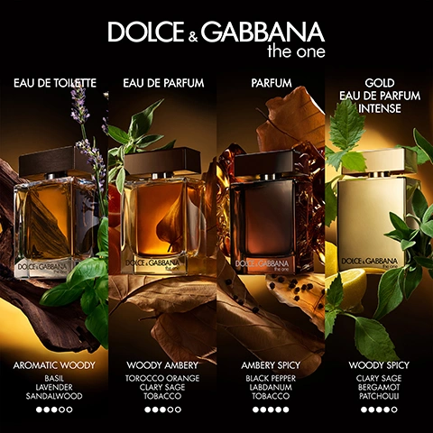 Image 1 - Four Dolce & Gabbana The One fragrance bottles are displayed with varying liquid colors and caps, surrounded by botanical and spice ingredients, and labeled Dolce & Gabbana The One, Eau de Toilette Aromatic Woody Basil Lavender Sandalwood, Eau de Parfum Woody Ambery Torocco Orange Clary Sage Tobacco, Parfum Ambery Spicy Black Pepper Labdanum Tobacco, and Gold Eau de Parfum Intense Woody Spicy Clary Sage Bergamot Patchouli. Image 2 - A blonde woman with her head resting on a mans back in bed, with two perfume bottles, one gold and one dark brown, in the foreground, displays the text DOLCE & GABBANA the one THE new INTENSITIES.
