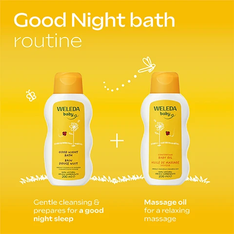 Image 2 - A bright yellow background features two white and yellow Weleda Baby product bottles with a butterfly and dragonfly drawing, displaying text Good Night bath routine, with the left bottle labeled WELEDA baby GOOD NIGHT BATH BAIN DOUCE NUIT 100% NATURAL ORIGIN INGREDIENTS 200 ml e and text below it Gentle cleansing & prepares for a good night sleep, and the right bottle labeled WELEDA baby COMFORTING BABY OIL HUILE DE MASSAGE 100% NATURAL ORIGIN INGREDIENTS 200 ml e and text below it Massage oil for a relaxing massage. Image 3 - A Weleda Baby Good Night Bath bottle with an orange cap is shown next to a sprig of lavender and scattered lavender petals on a yellow background, with the text Comforting scent with calming lavender & neroli, WELEDA baby, GOOD NIGHT BATH, BAIN DOUCE NUIT, ORGANIC CALENDULA & LAVENDER, CALENDULA BIO & LAVANDE, 100% NATURAL, ORIGIN INGREDIENTS, 200 ml e, and Create a serene atmosphere for your baby to relax and get ready for sleep. Image 4 - A close-up of a vibrant orange calendula flower with white text overlay that reads With 100% Organic Calendula, Handpicked, Caring for delicate skin of newborns and toddlers. Image 5 - A close-up of a sleeping baby on a white surface with text overlay that reads: 87% of parents agree: Good Night Bath helps my child to sleep better* *in-use study with 30 children after 4 baths in 2 weeks. Image 6 - A baby with light skin is being bathed in milky water, with an adults hands gently supporting the baby and stirring the water, and the text Add 2 to 3 splashes to a warm bath Mix gently by hand. Image 7 - A smiling baby with curly hair is held by an adults hand during a bath, with foam visible on the babys skin. Extra mild oil-to-milk texture Leaves your babys skin silky-soft. Image 8 - The image displays a comparison between a Weleda Baby Good Night Bath bottle, partly hidden by orange flowers, and a plain grey tube, separated by the text VS; the Weleda bottle text reads Weleda Baby Good Night Bath Bain Douce Nuit 200 ml e; below, a yellow panel titled WELEDA lists Certified Natural Baby Care, Parabens + Silicone free, Free from synthetic fragrances, No animal testing, 80% botanicals certified organic, and Ethical sourcing; while a green panel titled OTHER BRANDS lists No certification, Uses parabens and silicones, Tested on animals, Synthetic ingredients, and Unethical sourcing.