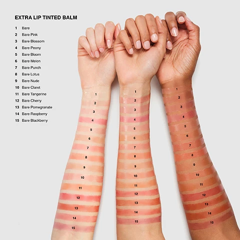 Image 1 - Three forearms with light, medium, and dark skin tones display 15 swatches of lip tinted balm, labeled with numbers and corresponding names: EXTRA LIP TINTED BALM 1 Bare, 2 Bare Pink, 3 Bare Blossom, 4 Bare Peony, 5 Bare Bloom, 6 Bare Melon, 7 Bare Punch, 8 Bare Lotus, 9 Bare Nude, 10 Bare Claret, 11 Bare Tangerine, 12 Bare Cherry, 13 Bare Pomegranate, 14 Bare Raspberry, 15 Bare Blackberry. Image 2 - A four-panel image shows a coral-pink lipstick tube next to a color swatch and close-ups of three different peoples lips (light, medium, and dark skin tones) wearing the same sheer coral-pink lip product, with the text Bare Lotus. Image 3 - A color chart for cosmetics displays 15 circular shades arranged on a grid with a horizontal axis labeled WARM to COOL and a vertical axis labeled BARE to VIBRANT, with shades named Bare, Bare Pink, Bare Blossom, Bare Punch, Bare Lotus, Bare Claret, Bare Peony, Bare Cherry, Bare Raspberry, Bare Blackberry, Bare Nudc, Bare Tangerine, Bare Pomegranate, Bare Melon, and Bare Bloom.