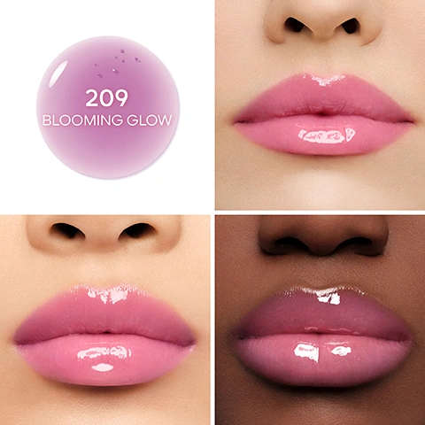 Image 1 - A grid image shows a translucent pinkish-purple sphere with the text 209 BLOOMING GLOW, alongside three close-up photos of lips on different skin tones, all wearing a glossy pink lip product. Image 2 - A close-up split image shows a persons lips, with the left side displaying natural, light pink lips and the right side showing the same lips covered in shiny, vibrant pink lip gloss, with text that reads BEFORE AFTER. Image 3 - A triptych image shows a close-up of lips in three stages: first natural and bare, then with a shiny pink lip balm applied, and finally with an even glossier, vibrant pink lip oil, accompanied by the text BARE LIPS, WITH KISSKISS BEE GLOW, and WITH KISSKISS BEE GLOW OIL. Image 4 - A close-up shows a golden honeycomb with a drop of honey dripping from it, positioned above a pink lip gloss applicator coated in glossy product, with accompanying text: 92% NATURAL-ORIGIN INGREDIENTS¹, ROYAL JELLY & HYALURONIC ACID HYDRATING & PLUMPING EFFECT², CORSICAN HONEY LONG-LASTING COMFORT, PROPOLIS SMOOTHES THE LIPS, ¹Based on the ISO 16128 standard, the remaining 8% contributing to the integrity, sensorial texture and pigmentation of the formula. ²In vitro test on ingredient. Image 5 - Three pink Guerlain lip gloss bottles with gold tops, two showing GUERLAIN, are arranged among pink rose petals, with one bottle open and a bee perched on its applicator tip as honey drips, accompanied by text reading 24H HYDRATION¹, 24H STRENGTHENING OF THE SKIN BARRIER¹, PH COLOR REVIVER, and ¹Instrumental test on 30 women. Image 6 - A soft applicator from a golden tube with a bee emblem applies glossy pink lip product to a persons lips, displaying the text A SOFT & DELICATE APPLICATOR COATING LIPS WITH ONE SWIPE. Image 7 - A diagram illustrates the layered structure of a lip product, showing a lip surface beneath three layers of formula and explaining A MULTI-FACETED NATURAL-ORIGIN FORMULA with a BALM LAYER INFUSED WITH BEE CARING INGREDIENTS for SMOOTHING, a PIGMENT LAYER WITH EOSIN for TINTING, and a HIGH SHINE COATING LAYER WITH LIGHT REFLECTING VEGETAL OILS for GLAZING, all applied to the LIP SURFACE. Image 8 - Two side-by-side product displays on a pink background compare lip balm and lip oil; the left panel shows KissKiss Bee Glow Tinted Lip Balm applied to lips with a sheer pink finish, alongside a gold lipstick tube and closed case with Guerlain branding, with visible text: KissKiss Bee Glow, Tinted Lip Balm, Delicate Sheer Shine, four bee icons, Softened, Hydrated & Plumped Lips, Custom Colour Revival; the right panel shows KissKiss Bee Glow Oil Tinted Lip Oil applied to lips with a glossy pink finish, alongside a clear bottle of lip oil with a wand and Guerlain branding, with visible text: KissKiss Bee Glow Oil, Tinted Lip Oil, Glassy Shine, four bee icons, Nourished, Plumped & Immediate Volume Effect, Custom Colour Revival.