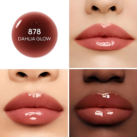 Image 1 - A four-panel image shows a dark red glossy droplet with the text 878 DAHLIA GLOW, alongside three close-up photos of models with light and dark skin tones wearing a glossy reddish-brown lip product. Image 2 - A split image shows a close-up of lips before and after applying a shiny, reddish-pink lip gloss, with the left side displaying natural lips and the right side showing glossy lips, labeled BEFORE and AFTER. Image 3 - A triptych close-up shows lips bare on the left, with pink KissKiss Bee Glow gloss in the middle, and with very glossy pink KissKiss Bee Glow Oil on the right, labeled BARE LIPS, WITH KISSKISS BEE GLOW, and WITH KISSKISS BEE GLOW OIL. Image 4 - A golden honeycomb with a dripping honey drop is shown above a pink glossy applicator, alongside text that reads: 92% NATURAL-ORIGIN INGREDIENTS¹ ROYAL JELLY & HYALURONIC ACID HYDRATING & PLUMPING EFFECT² CORSICAN HONEY LONG-LASTING COMFORT PROPOLIS SMOOTHES THE LIPS ¹Based on the ISO 16128 standard, the remaining 8% contributing to the integrity, sensorial texture and pigmentation of the formula. ²In vitro test on ingredient. Image 5 - A honeybee perches on a pink lip gloss applicator pulled from a Guerlain bottle, with another Guerlain bottle nearby, against a backdrop of pink rose petals and drops of liquid, with text reading 24H HYDRATION¹, 24H STRENGTHENING OF THE SKIN BARRIER¹, PH COLOR REVIVER, and ¹Instrumental test on 30 women. Image 6 - A persons mouth with glossy pink lips is shown as a soft applicator applies more lip gloss from a gold tube with a bee emblem, with the text A SOFT & DELICATE APPLICATOR COATING LIPS WITH ONE SWIPE. Image 7 - A diagram titled A MULTI-FACETED NATURAL-ORIGIN FORMULA illustrates three product layers applied over a Lip Surface, including a bottom layer described as Balm Layer infused with bee caring ingredients for Smoothing, a middle layer as Pigment Layer with Eosin for Tinting, and a top layer as High Shine Coating Layer with light reflecting vegetal oils for Glazing. Image 8 - A split image on a pink background shows a comparison of two lip products: on the left, lips with a delicate sheer pink balm and a gold lipstick, and on the right, lips with a glossy pink oil and a gold lip oil tube with an applicator, followed by the visible text KISSKISS BEE GLOW, TINTED LIP BALM, DELICATE SHEER SHINE, SOFTENED, HYDRATED & PLUMPED LIPS, CUSTOM COLOUR REVIVAL, Guerlain, KISSKISS BEE GLOW OIL, TINTED LIP OIL, GLASSY SHINE, NOURISHED, PLUMPED & IMMEDIATE VOLUME EFFECT, CUSTOM COLOUR REVIVAL, Guerlain.